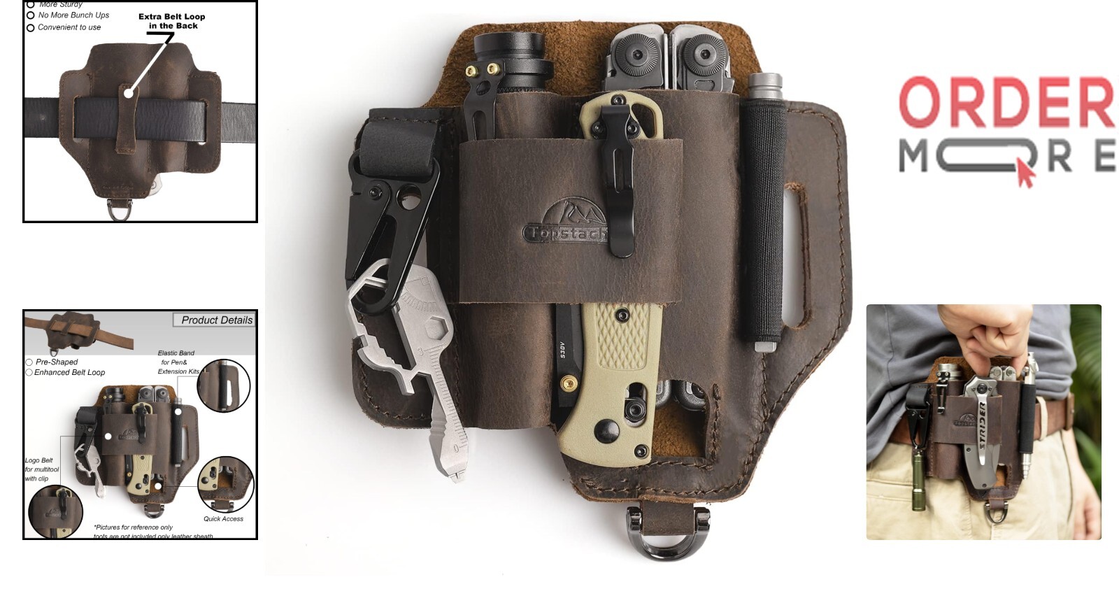 Leather EDC Belt Organizer Sheath for Multitools Flashlights and Tools