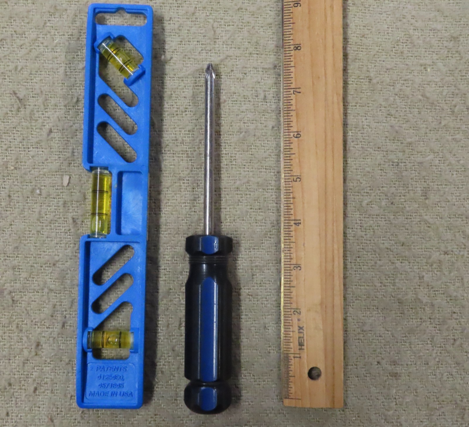 Lot of Nine Contemporary Tools,Small Level,Tire Gauge, Scissors, Allen Set, More