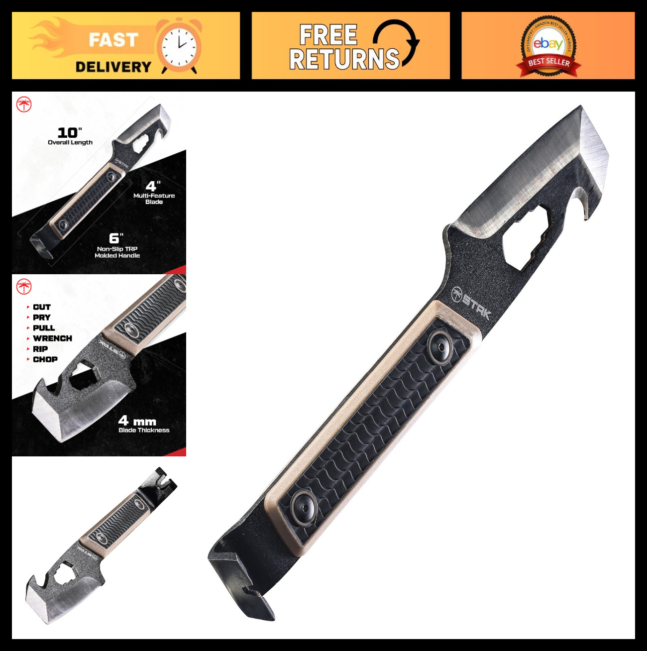 10″ EDC Pry Bar Multitool, 420 Stainless Steel, Nail Puller, Ripper Hook, Wrench