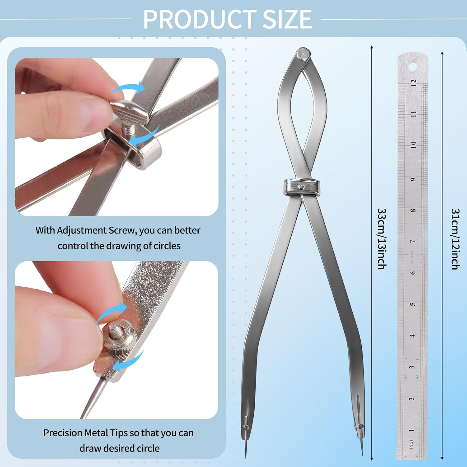 Radius Divider Tool 20″ in with Bonus 12″ Stainless Steel Ruler, Heavy Duty Wing
