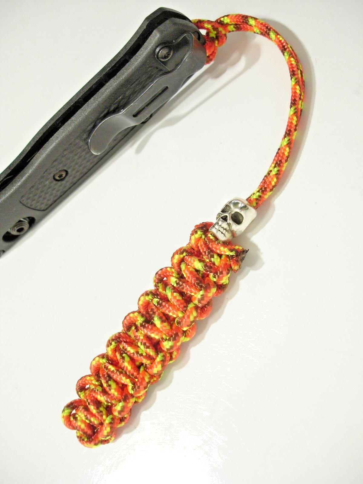 Handmade in USA Paracord Knife Lanyard Keychain “Fire” Color w/ Metal Skull Bead