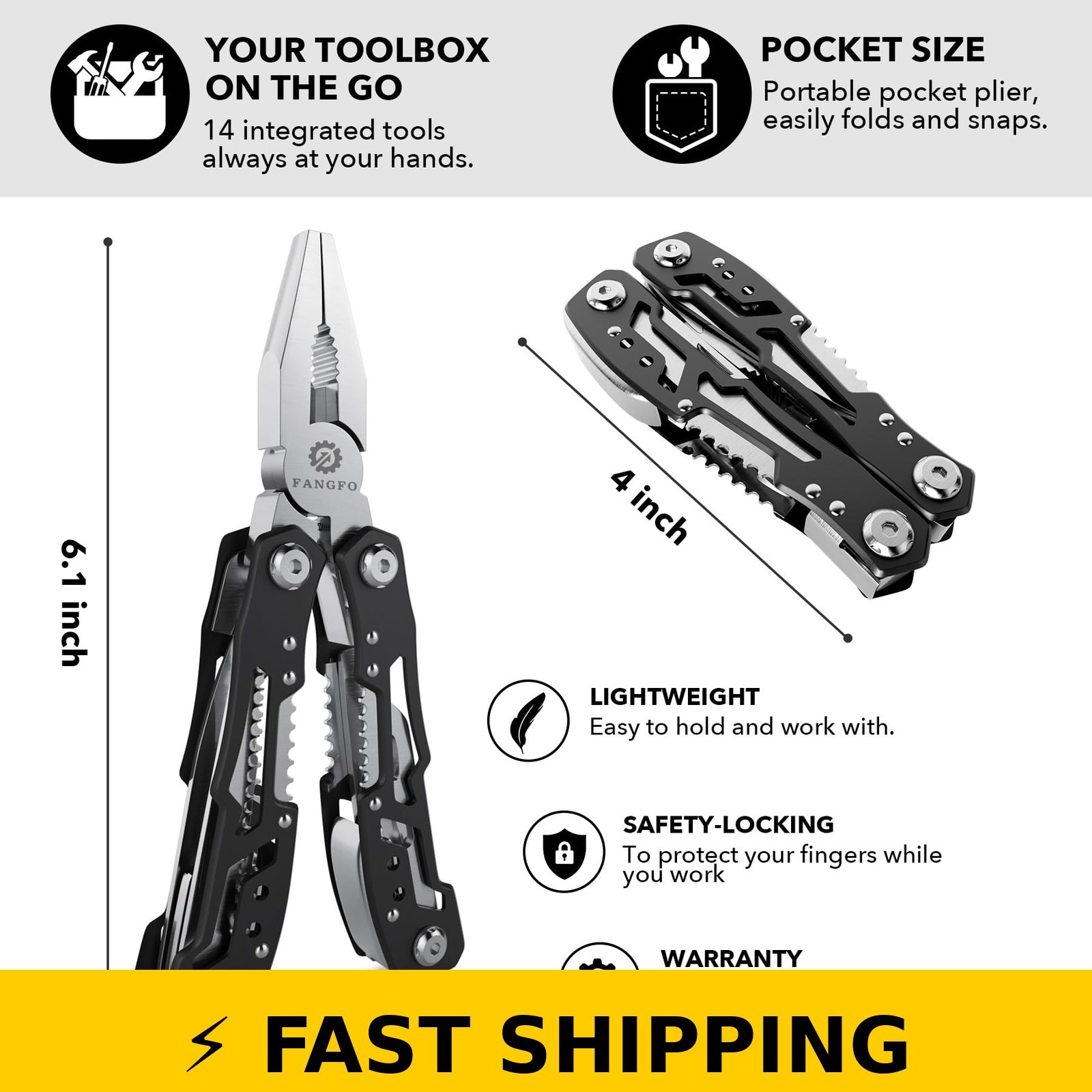 14-In-1 Fangfo Multitool with Safety Locking – Stainless Steel