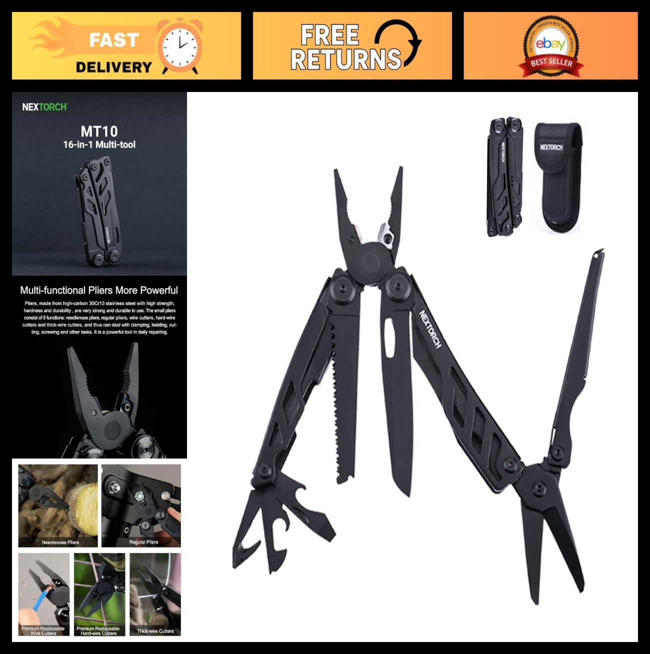 16-in-1 Stainless Steel Multi-Tool Pliers, EDC Utility Tool with Knife & Scissor
