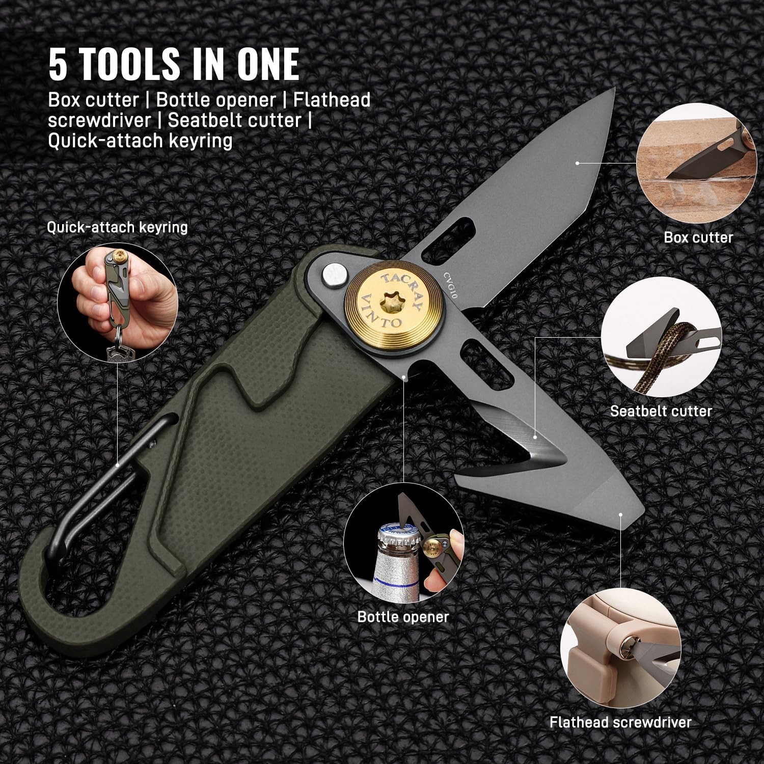5-in-1 Compact Pocket Knife Multitool – Utility Knife, Seatbelt Cutter, Bottle O