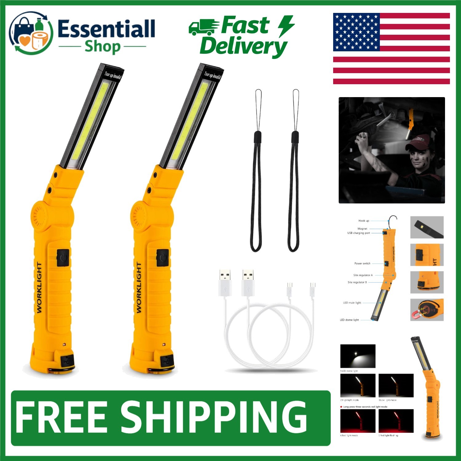 360° Rotating LED Work Light Pair – USB Rechargeable & Ideal for Car Repairs