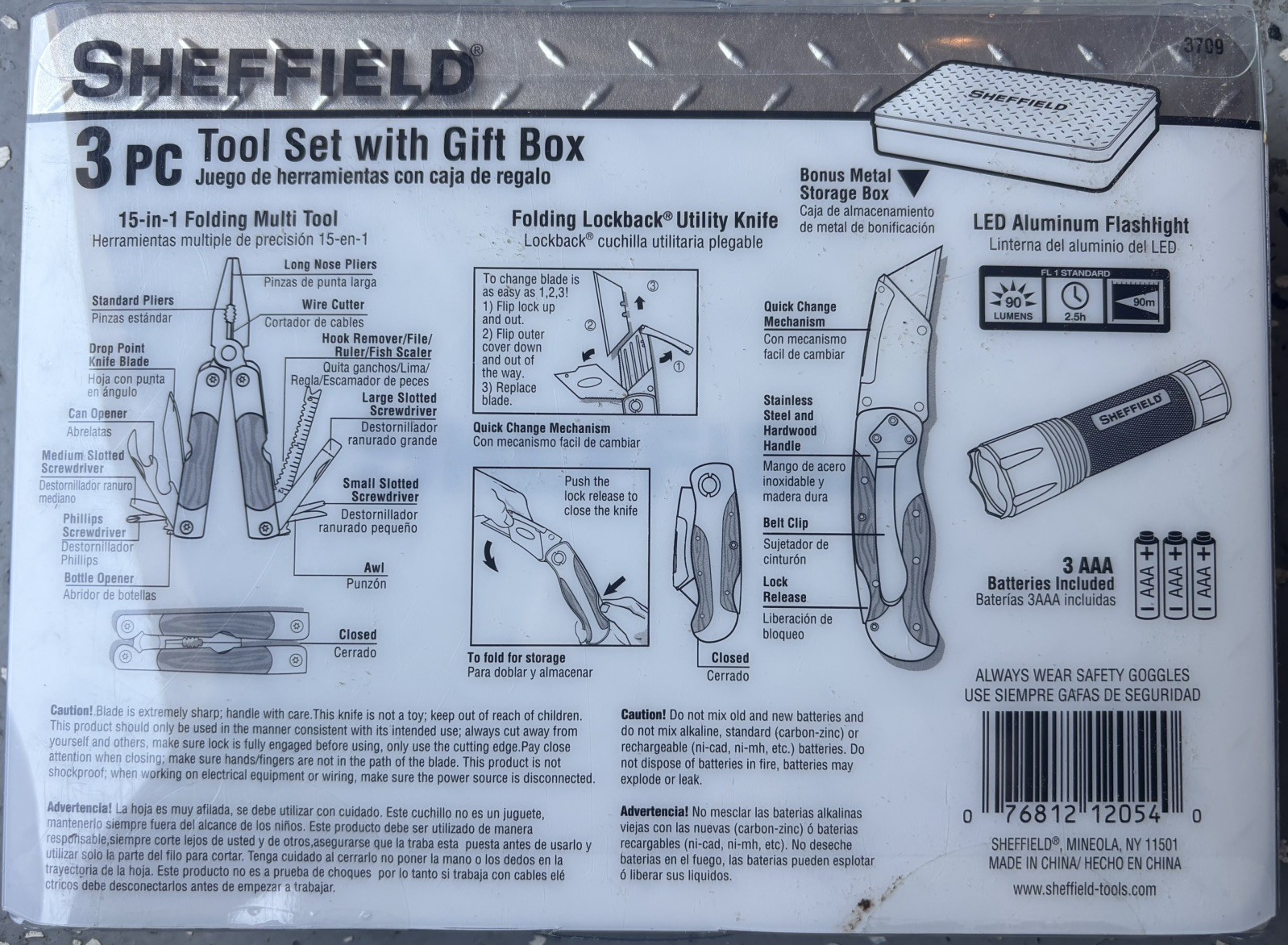 NEW Sheffield 3 Pc Tool Set With Tin Box Multi Tool Utility Knife Flashlight