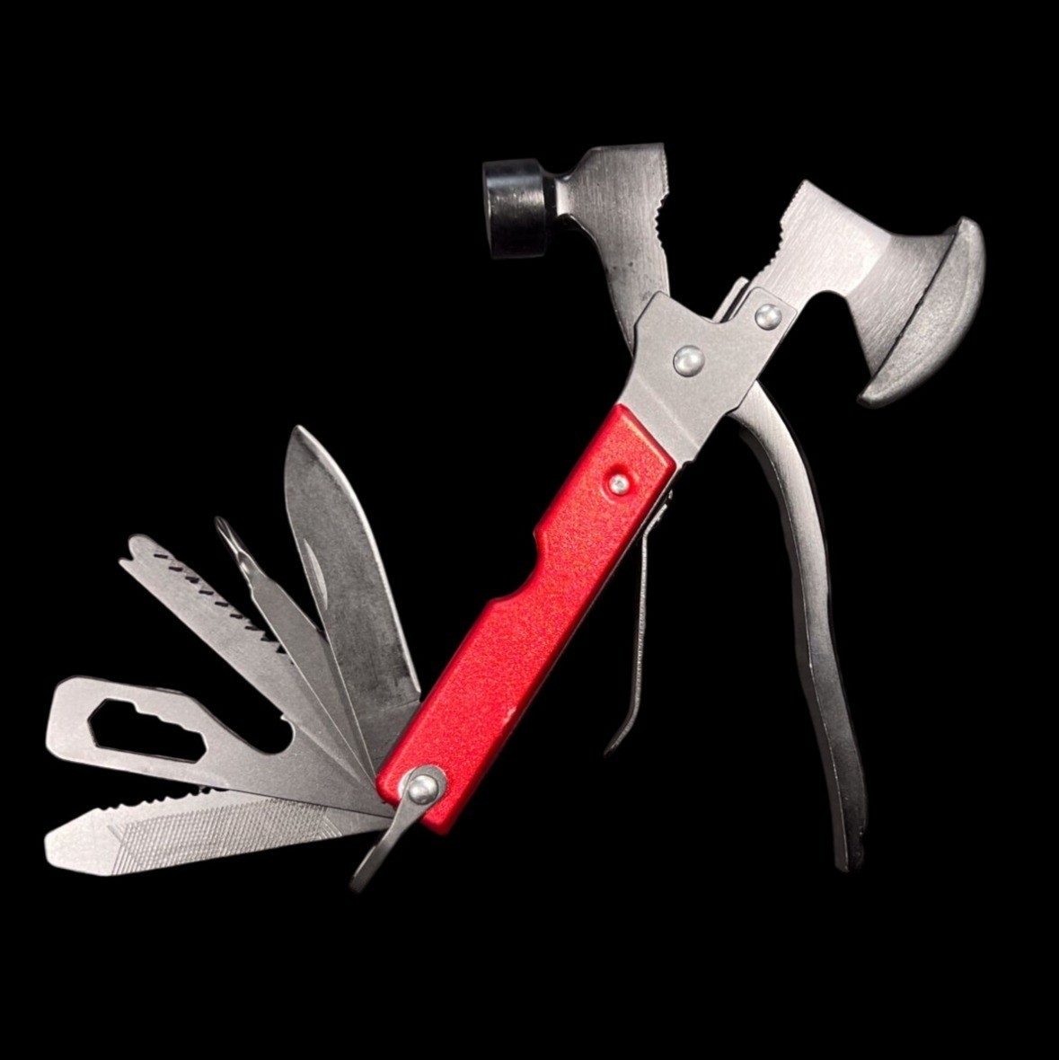 KEENSUN Multitool Axe Hammer Folding Emergency Tool w Sheath Red Black