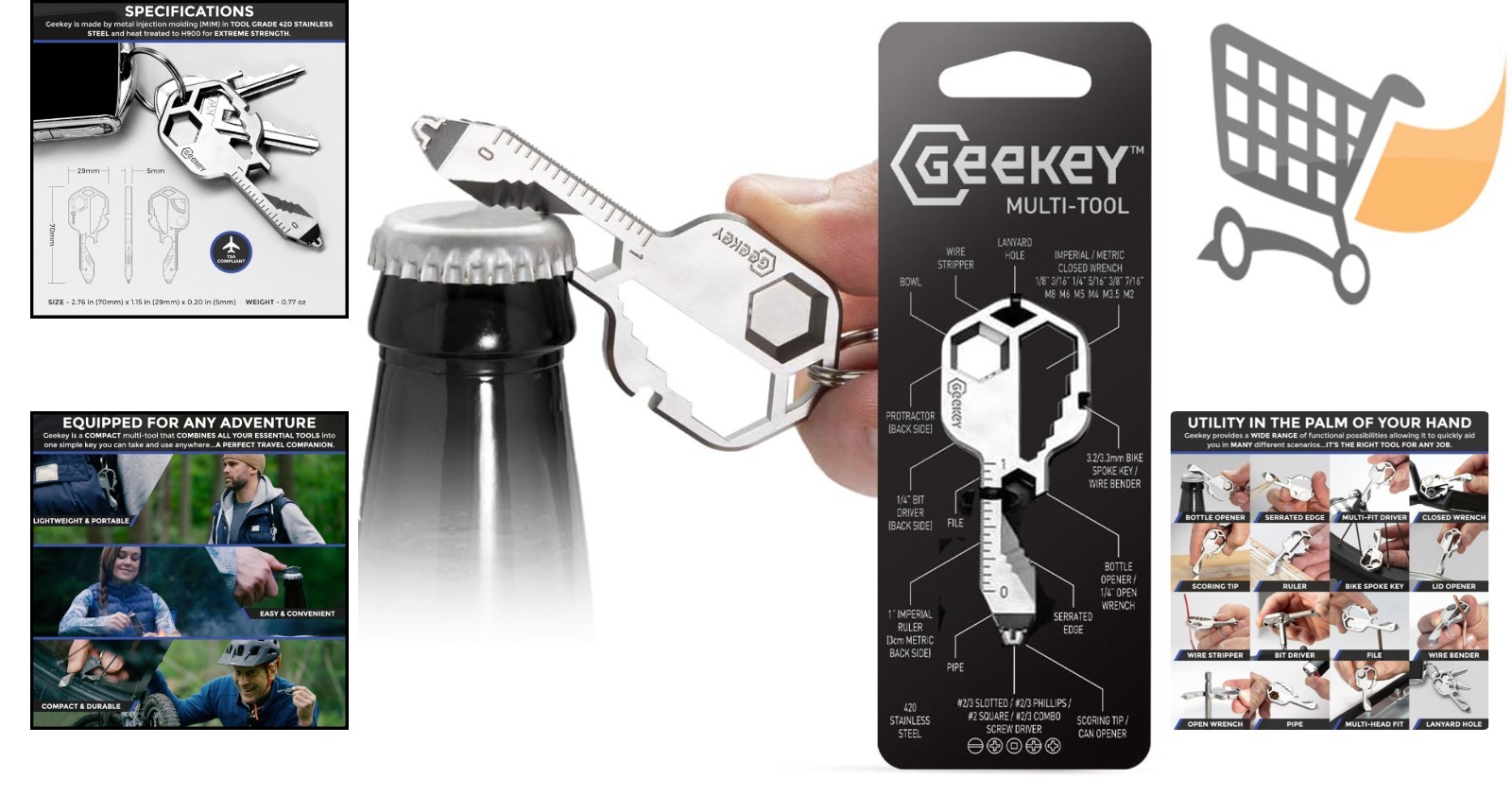 Keychain Multitool Stainless Steel 16+ Functions Compact Travel Outdoor