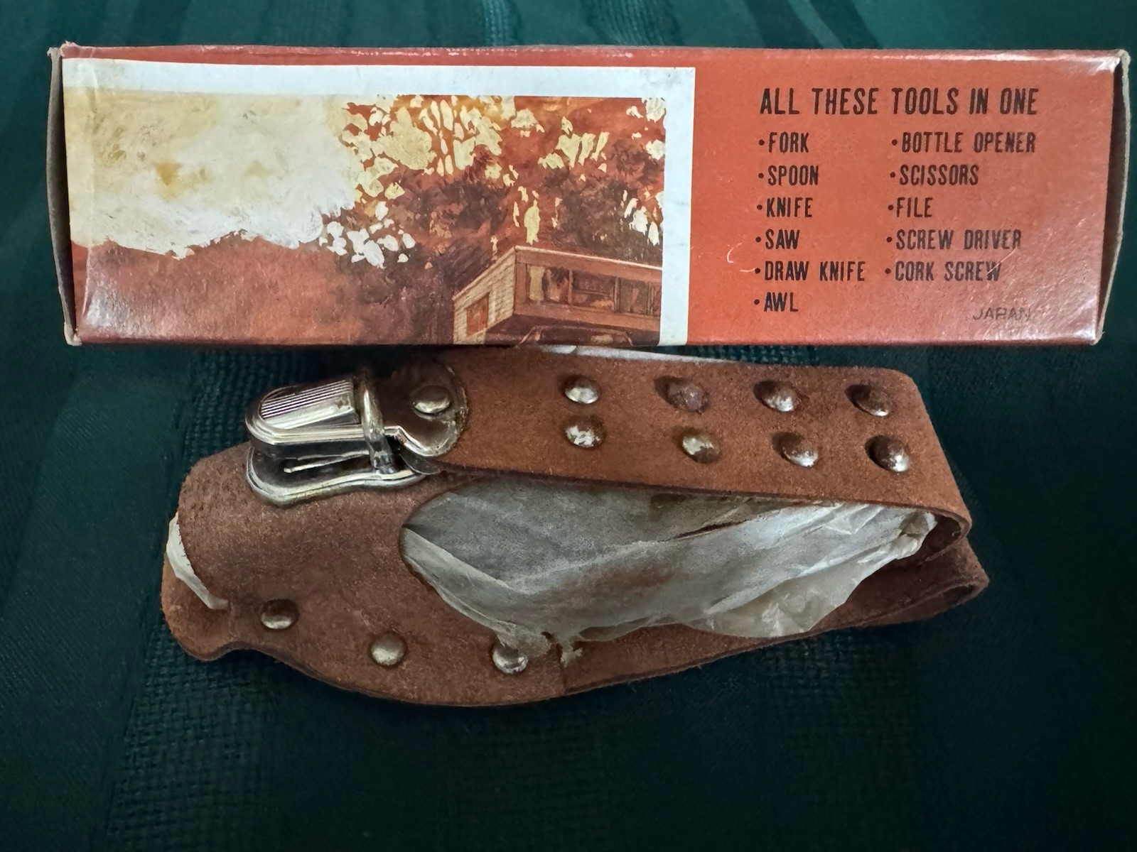 Vintage 11-in-1 Combination Knife Set Multi-Tool Stainless, Leather Sheath/Box,