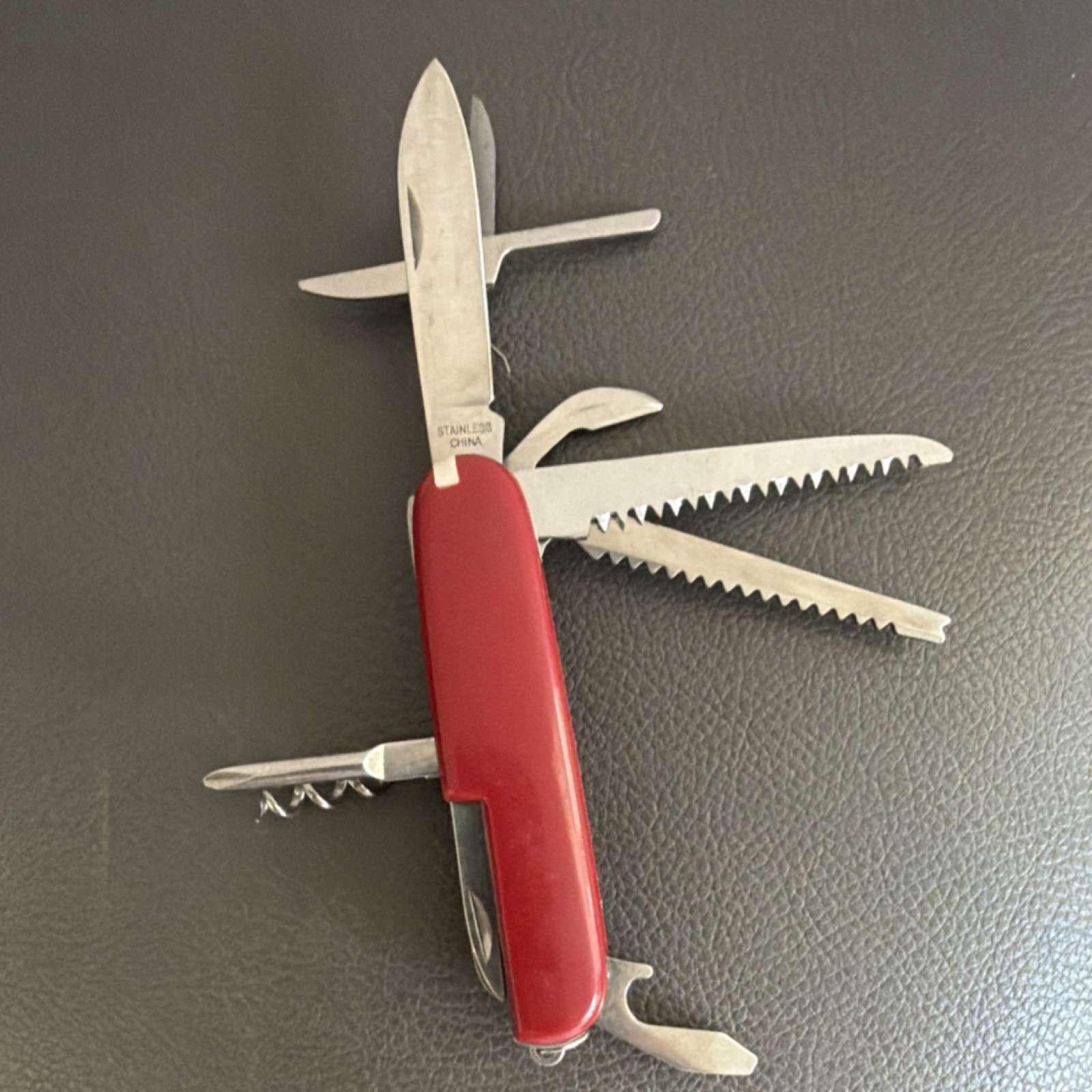 Red Multi-Tool Pocket Knife, 8 Tools, Stainless Steel, Straight & Serrated Edge