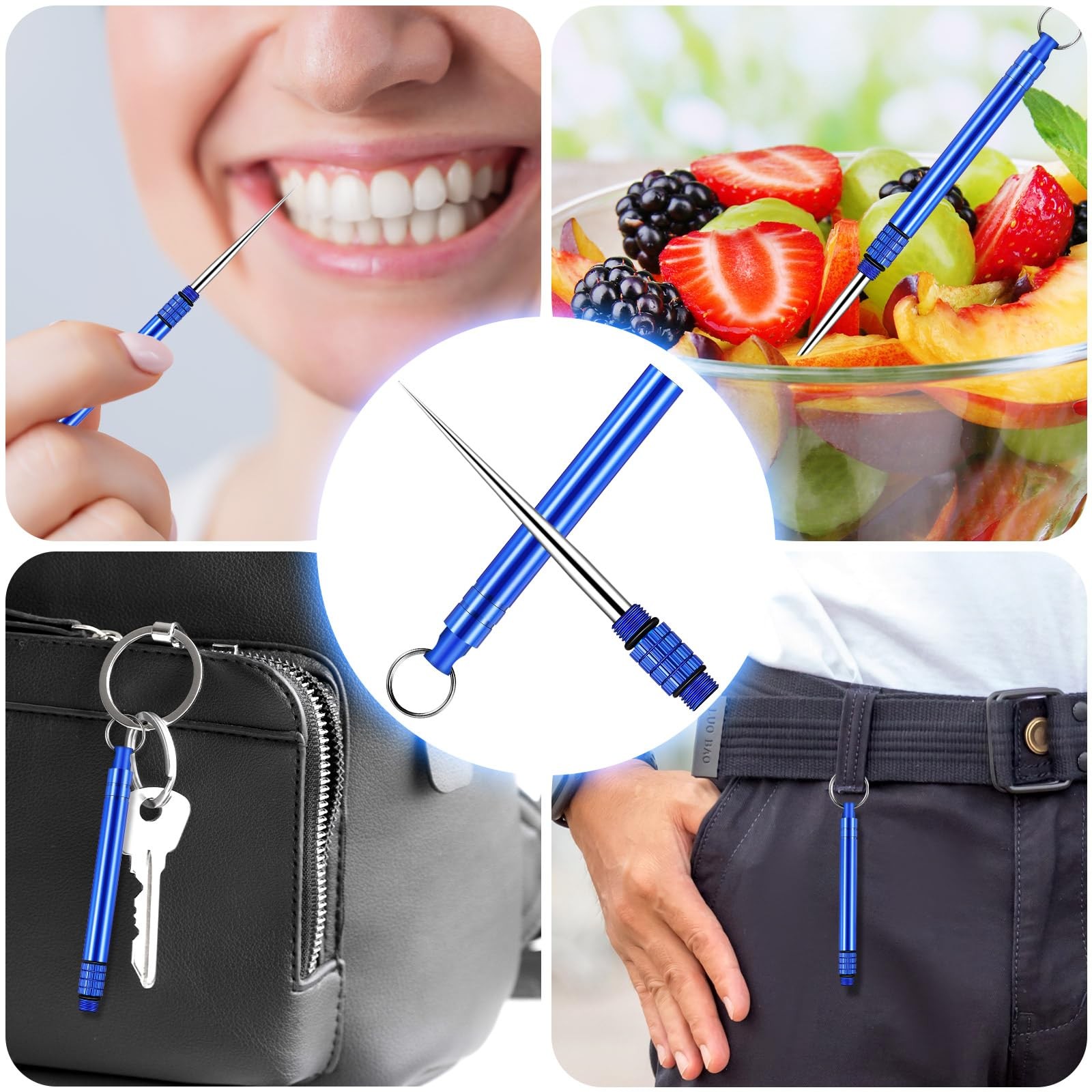 Metal Titanium Toothpicks, 8Pcs Blue Reusable Keychain Telescopic Toothpick with