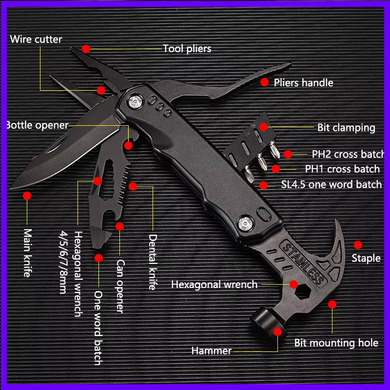 Multifunctional Pliers Stainless Steel Claw Hammer Tool with Nylon Sheath for Ou