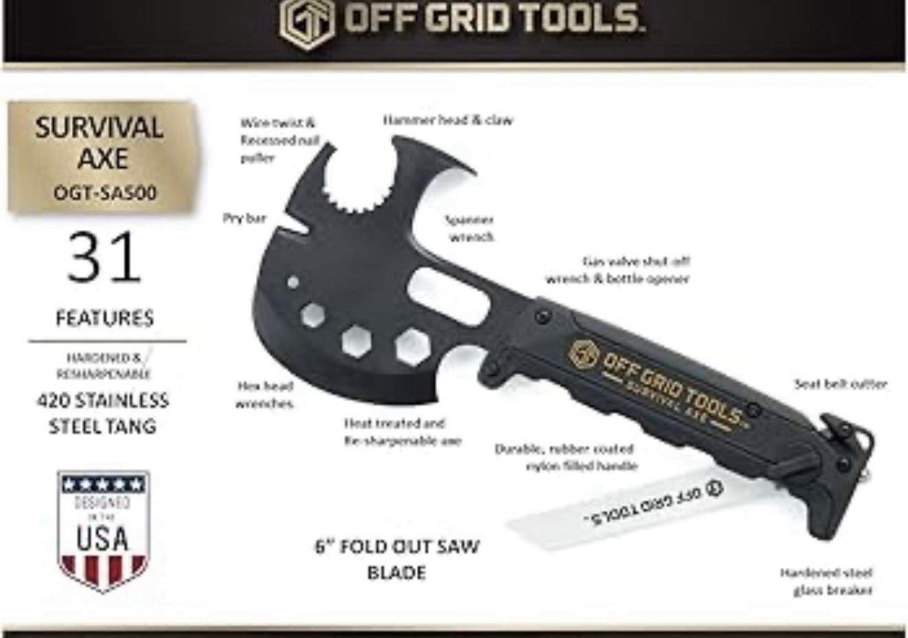 Off Grid Tools Survival Axe 31 Feature New In Box Vehicle Escape Camping Hiking