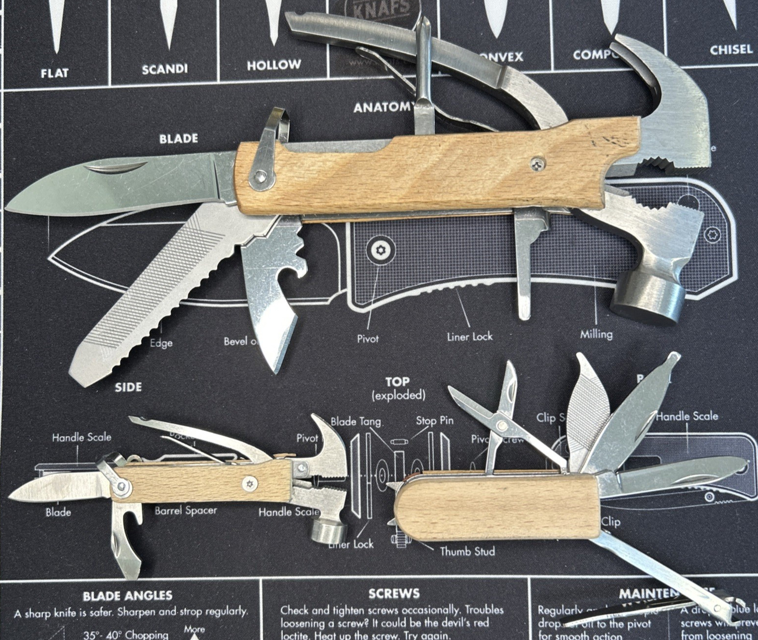 Lot of 3 Wood Handle Hammer Folding Compact Multi Tools Knife Saw & More VGUC