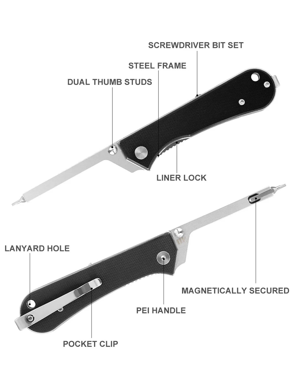 NUKNIVES Kumpanter Folding Screwdriver With Bits Pocket Clip Liner Lock Black