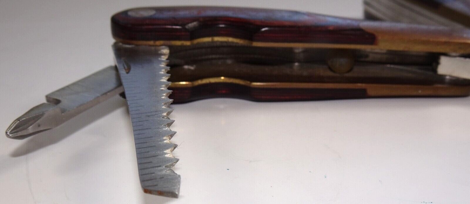 Husky Multi-Tool Knife Pliers Screw Drivers Ruler Saw Wood and Brass Handle
