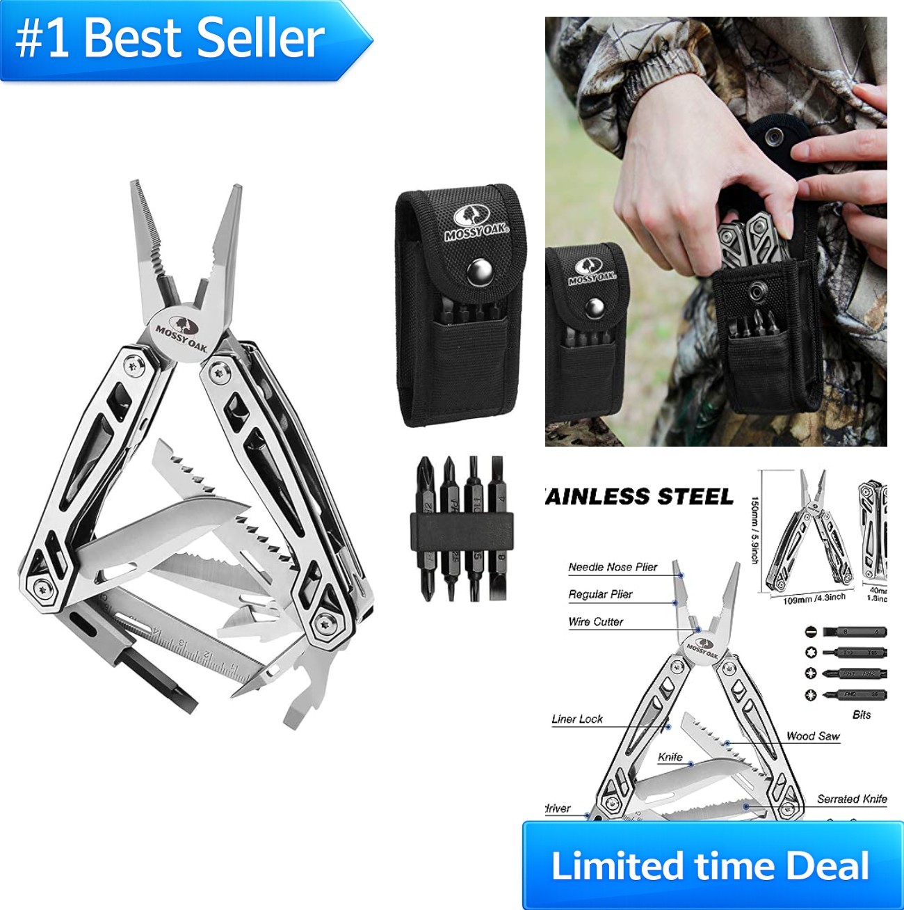 21-in-1 Stainless Steel Multitool Self-Locking Pliers Pocket Knife with Sheath