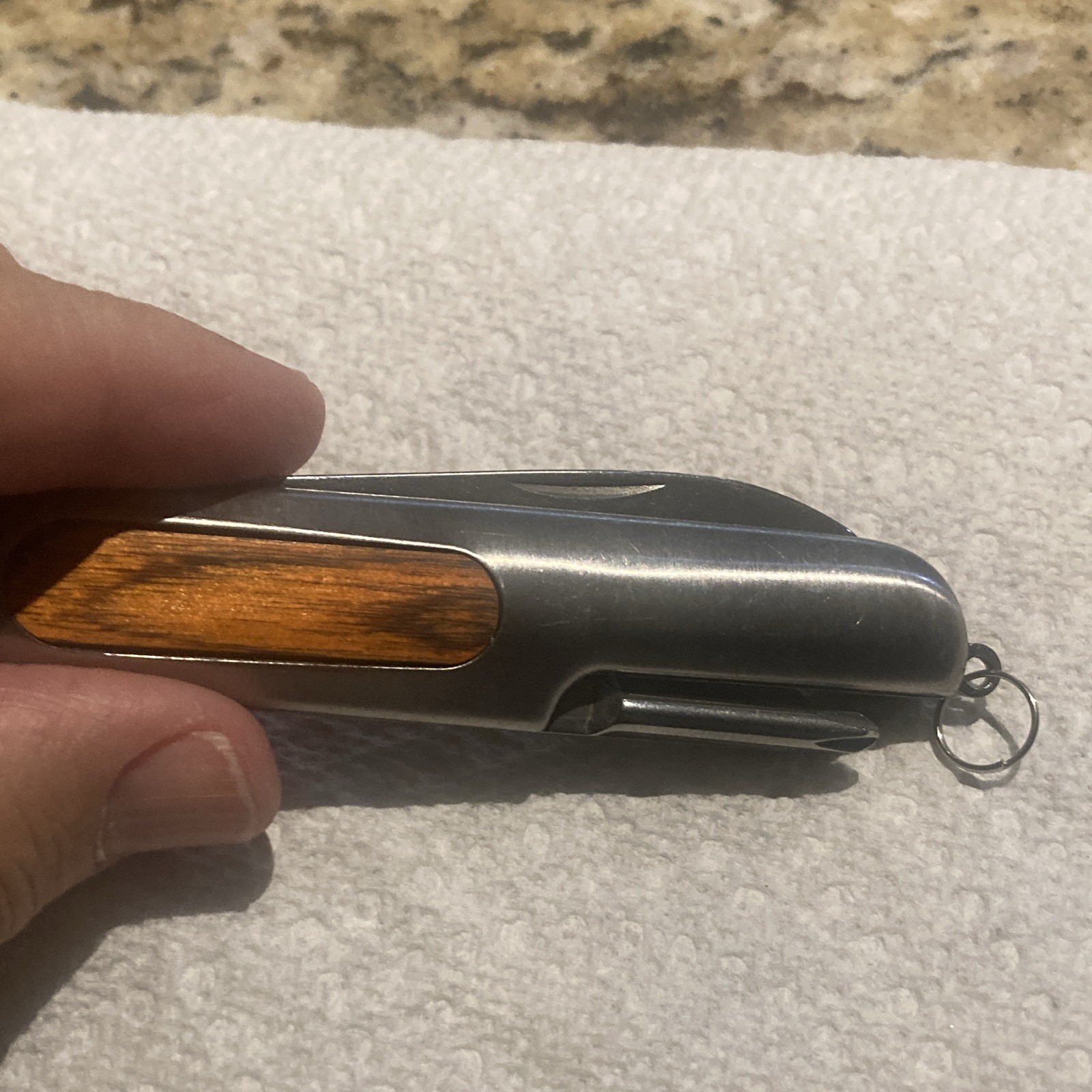7-Tool Folding Multi-Tool Pocket Knife Wood Inlay, SS Straight Edge, Lanyard