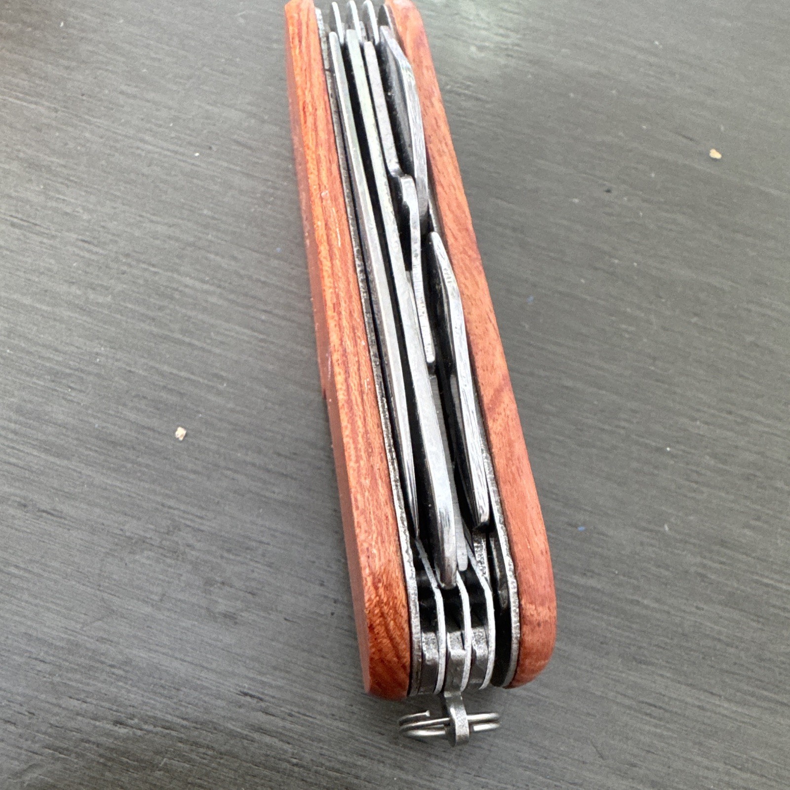 Wood Handle Multi-Tool Pocket Knife w/ Corkscrew, Keychain Ring Brown/Silver
