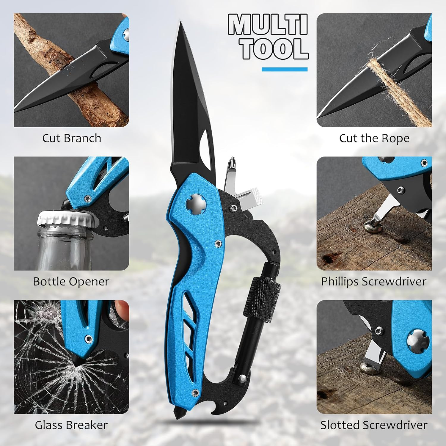 Multitool Carabiner with Pocket Knife, Stocking Stuffers Gifts for Men,6-In-1 Mu