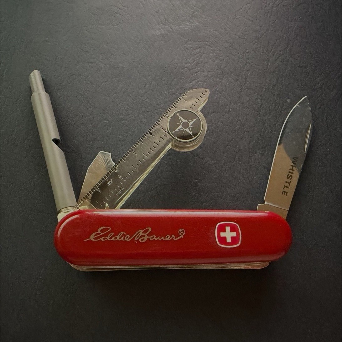 Eddie Bauer Red Multi-Tool Knife Stainless Steel Whistle Compass Ruler