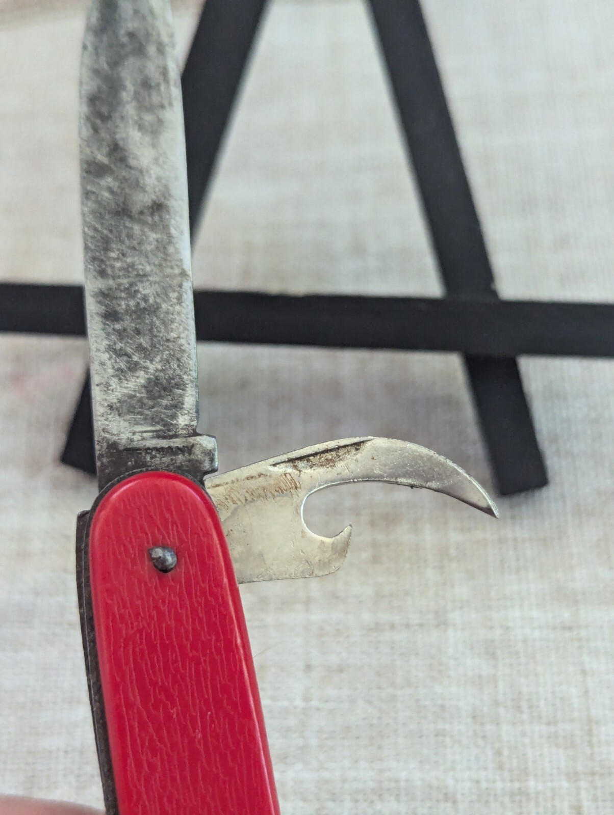 Vintage German 3-Tool Multitool Pocket Knife Carbon Steel Red 3.5″ Plastic Scale