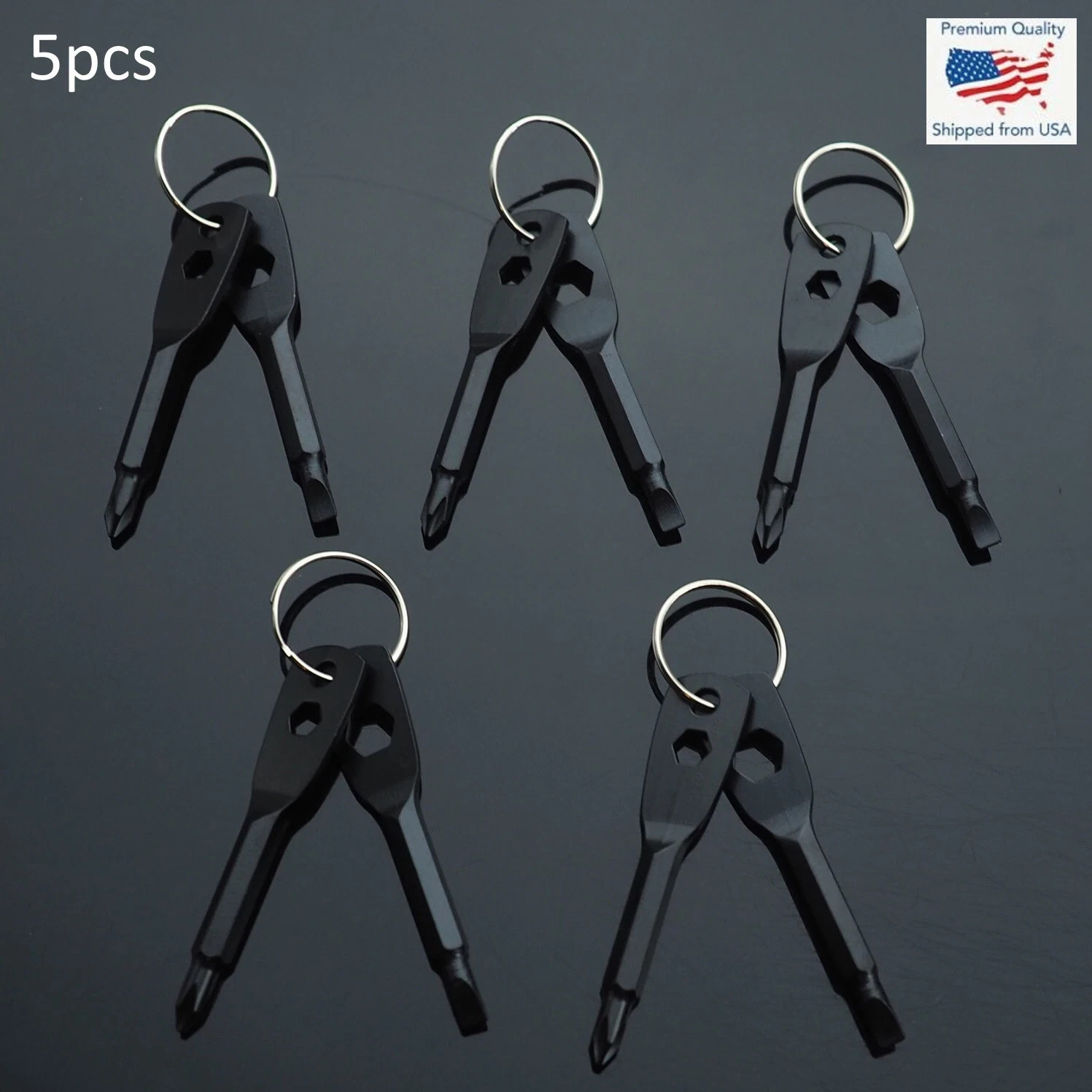 5pcs – Screwdriver Keychain Set EDC Pocket Tool Hex Nut Wrench Key Ring – Black