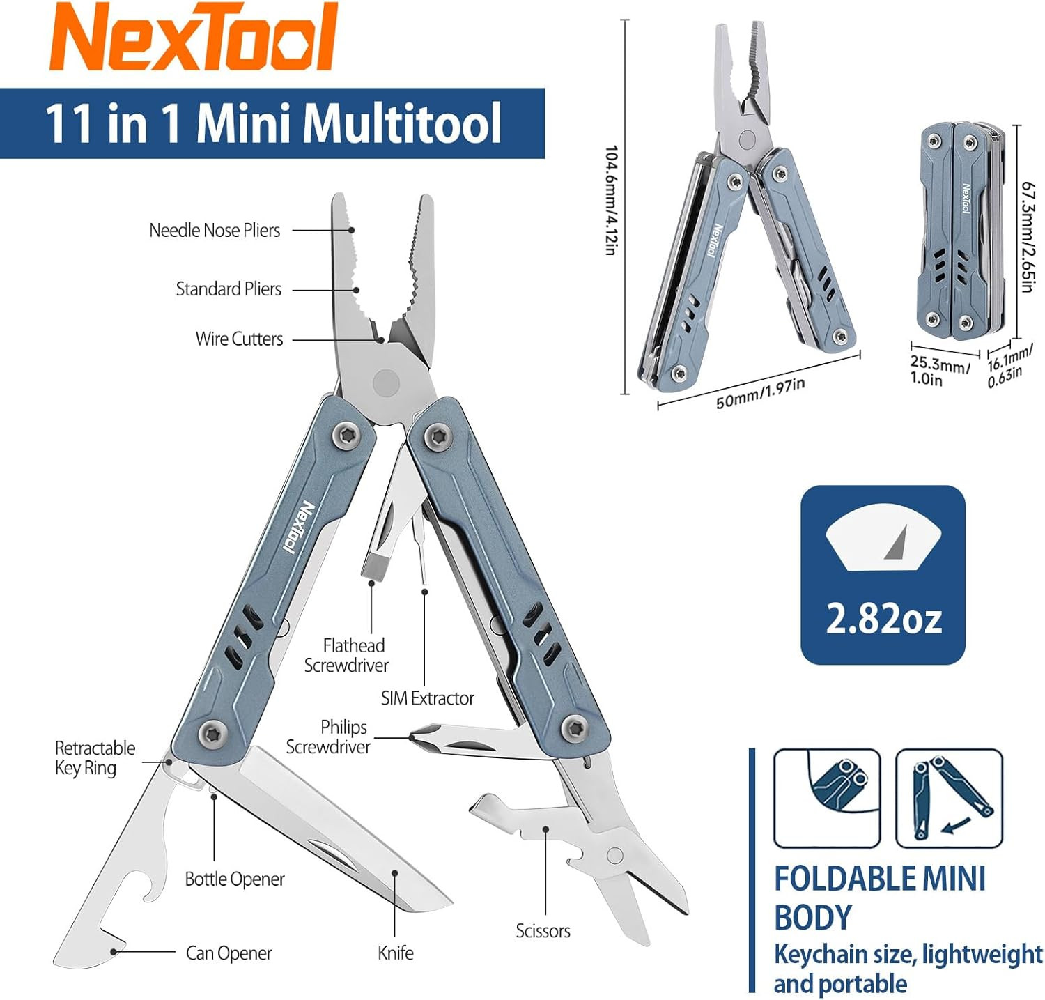 Nextool Mini Sailor S11 Keychain Multitool, 11-In-1 Compact EDC Pliers with Pock