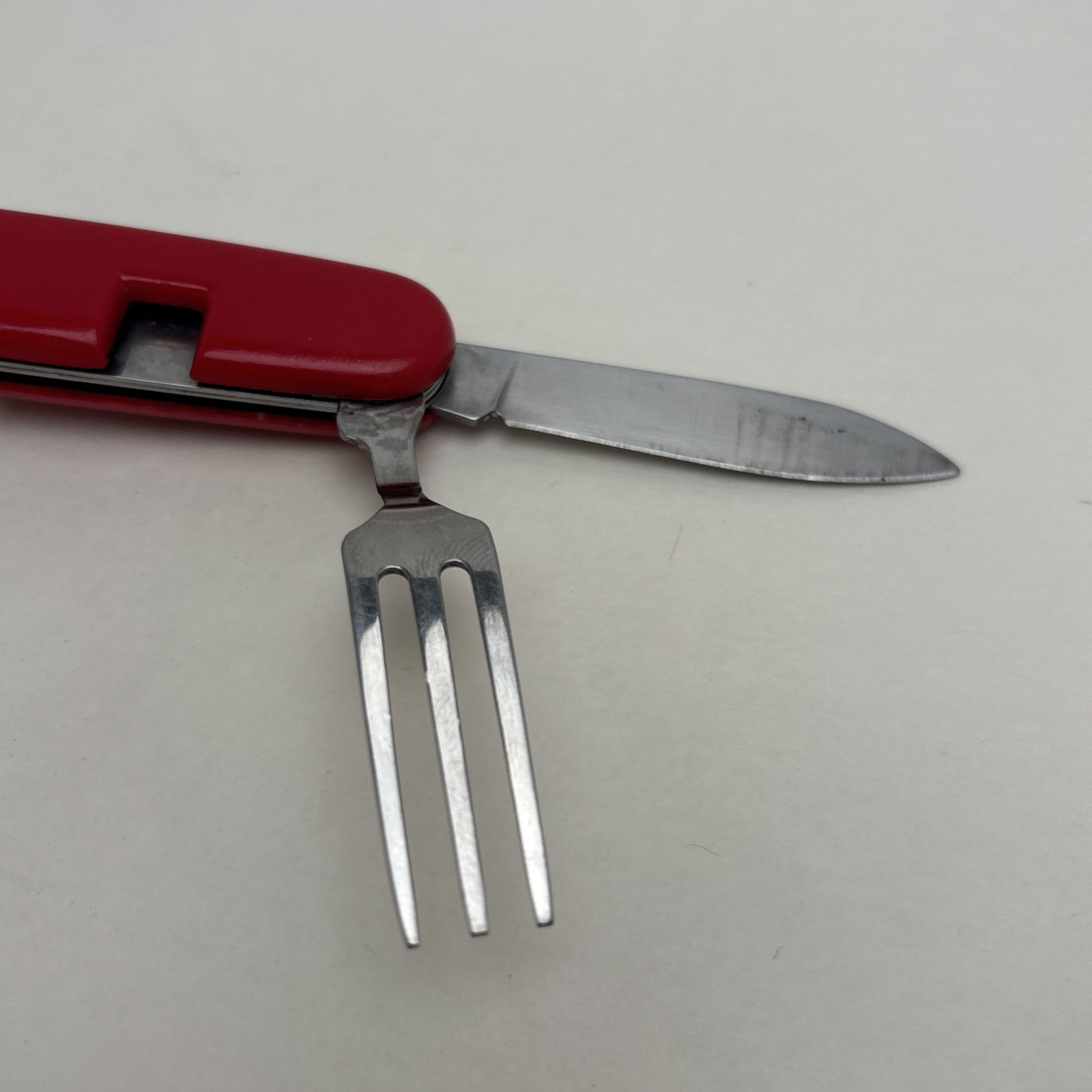 Vintage Red Camper 6 Tool Folding Knife Spoon Fork Can & Bottle Opener Hunt Camp