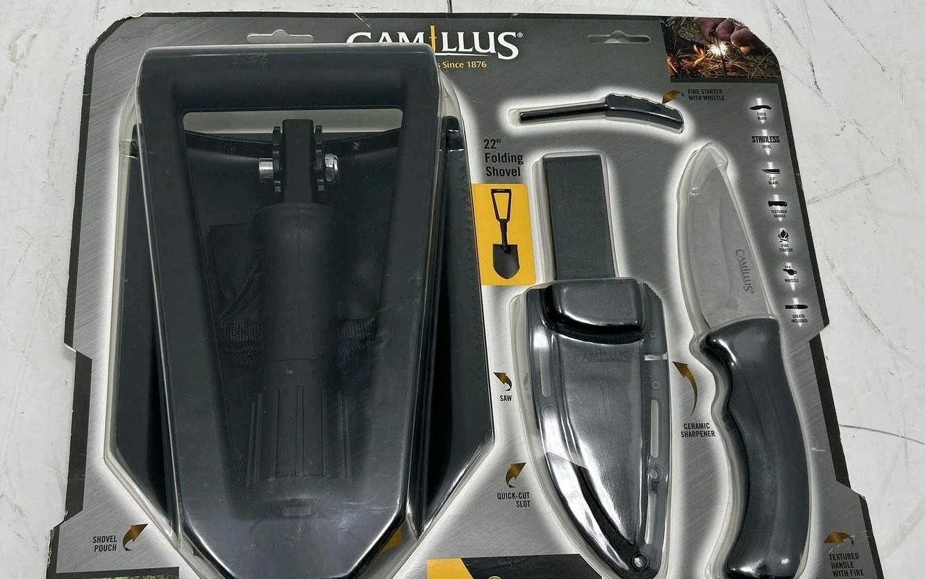 CAMILLUS QUEST PACK W/22” SHOVEL-8” KNIFE W/SHEATH-FIRE STARTER-WHISTLE NIP