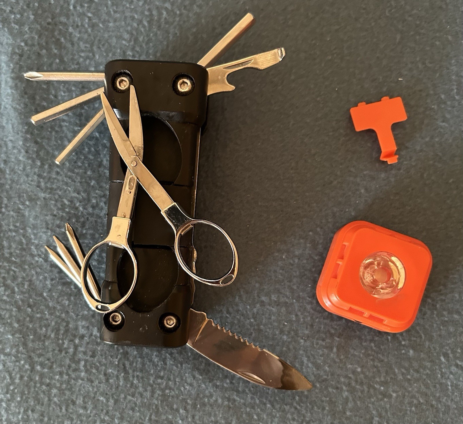 Black 8-in-1 Camping Multi-Tool w/ Serrated 1″ Knife, Scissors, Wrench, LED