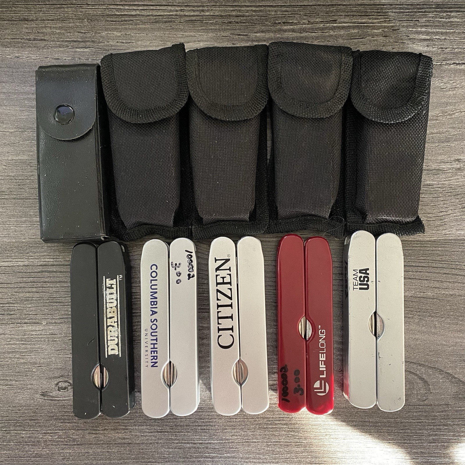 Lot of 5 Multi Tools with Sheath Knife Pliers Screwdriver File