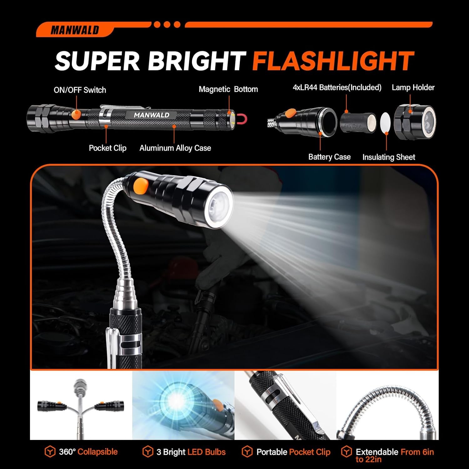 Telescoping Magnetic Pickup Tool Set with Portable Bag, Extendable Flashlight wi