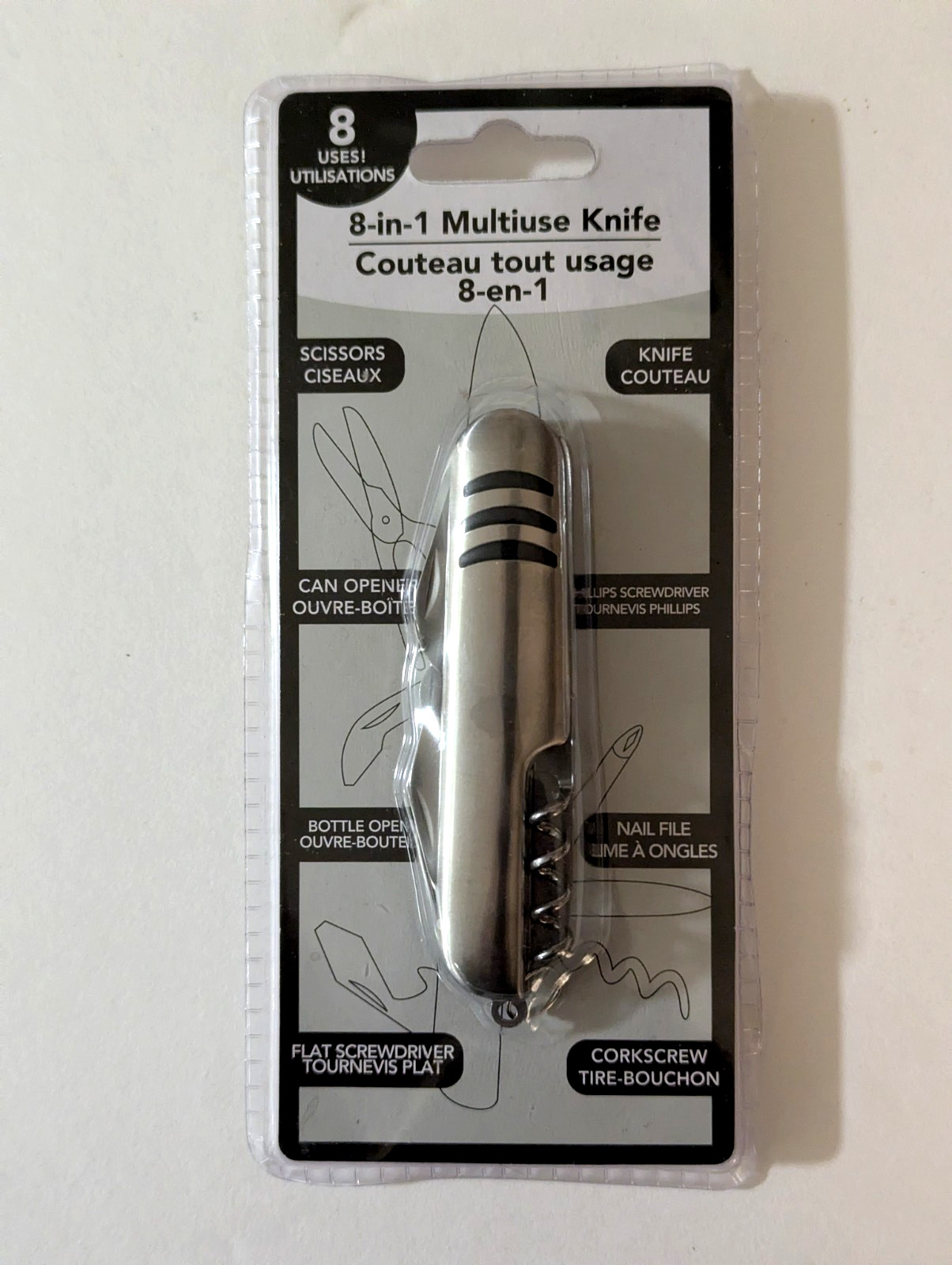 8-in-1 Multiuse Pocket Knife / Couteau Tout-Usage 8-en-1 and it’s bilingual!