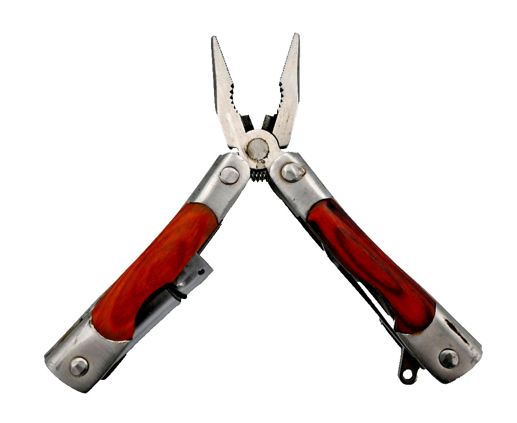 Wood Handle 6-in-1 Pocket Multi-Tool Pliers Folding Knife Mini LED Flashlight