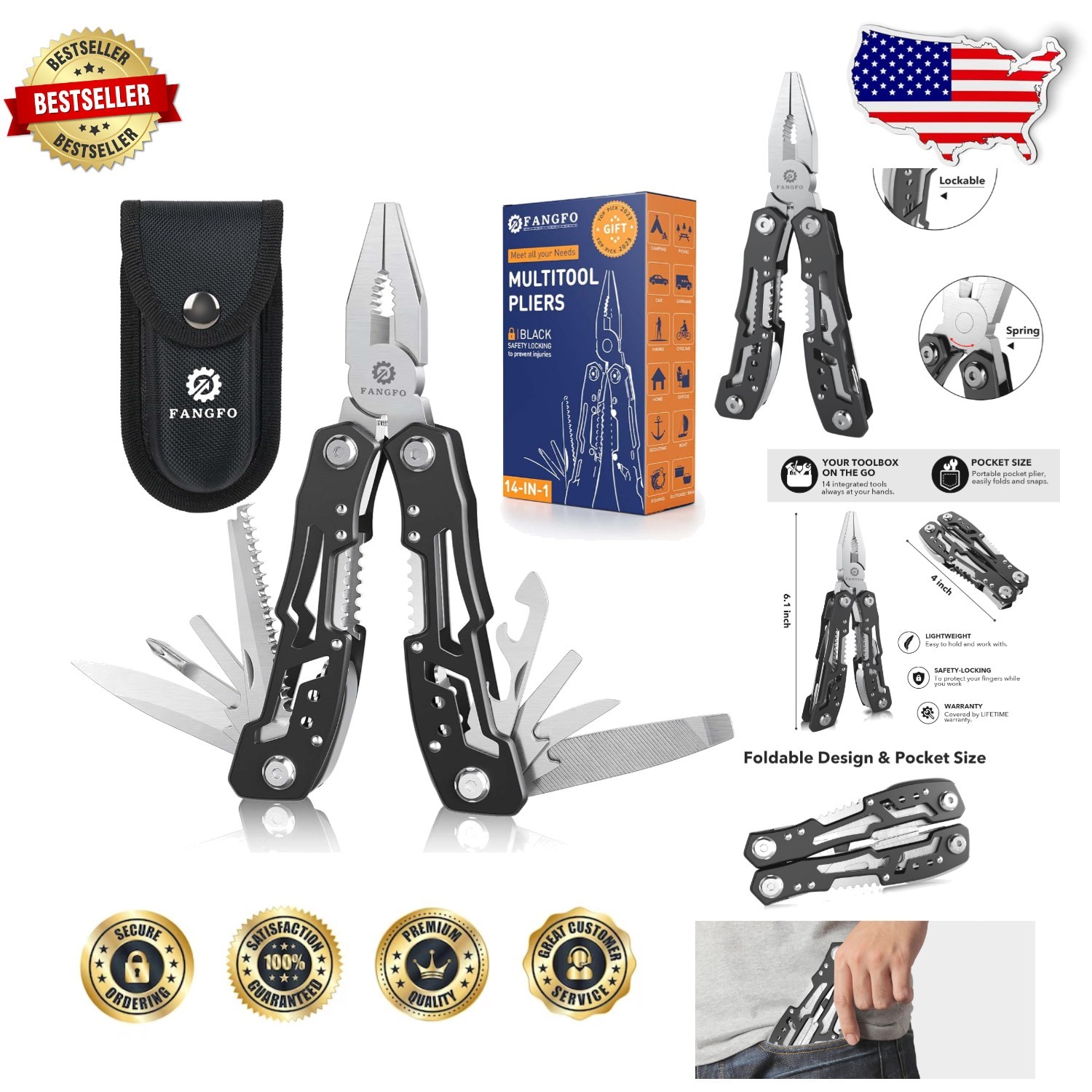 Pro Stainless Steel Multitool Pliers: 14-in-1 Safety Lock, Pocket Knife, Camping