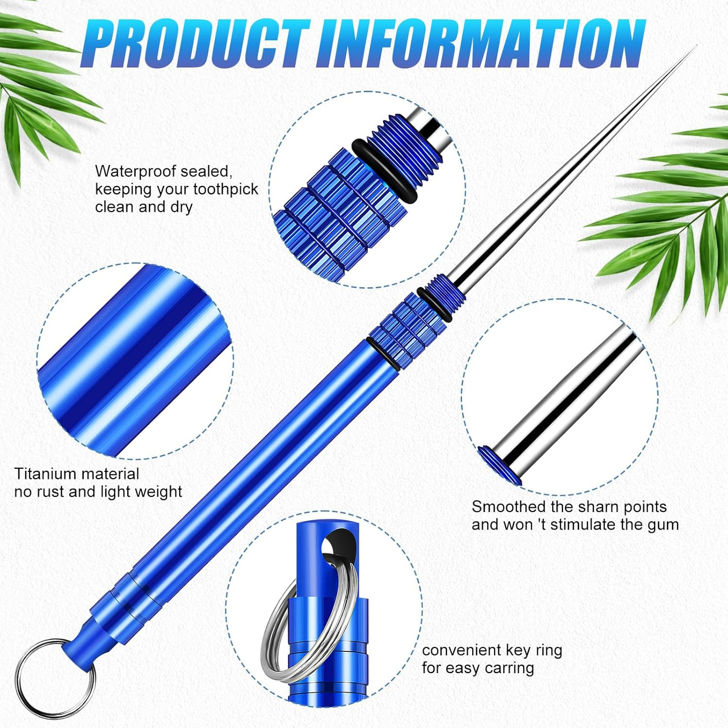 Metal Titanium Toothpicks, 8Pcs Blue Reusable Keychain Telescopic Toothpick