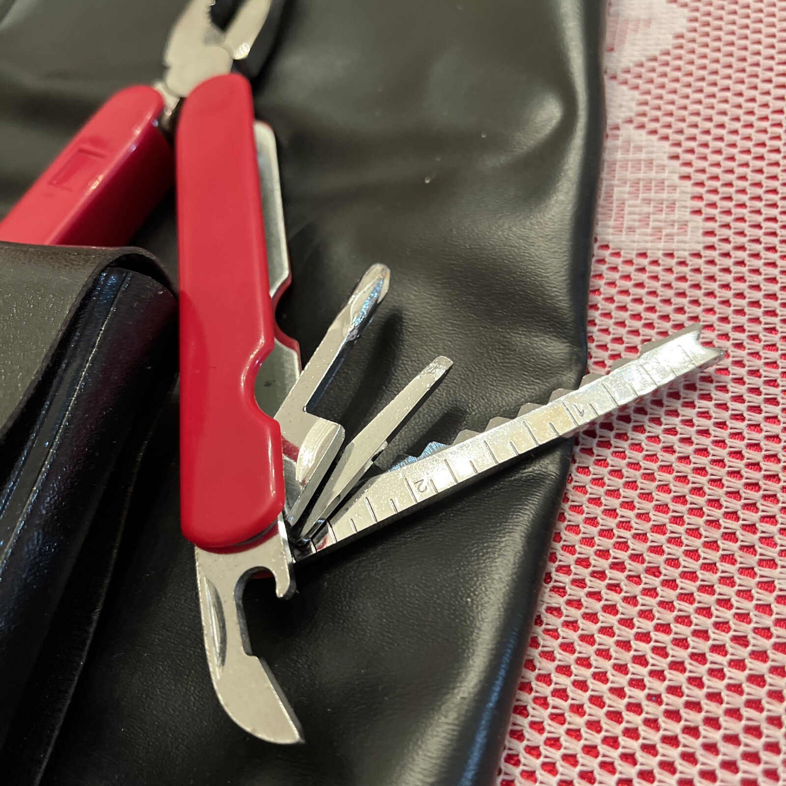 Multi Tool 8 Blade Pocket Knife Red Handle Black Sheath NIB