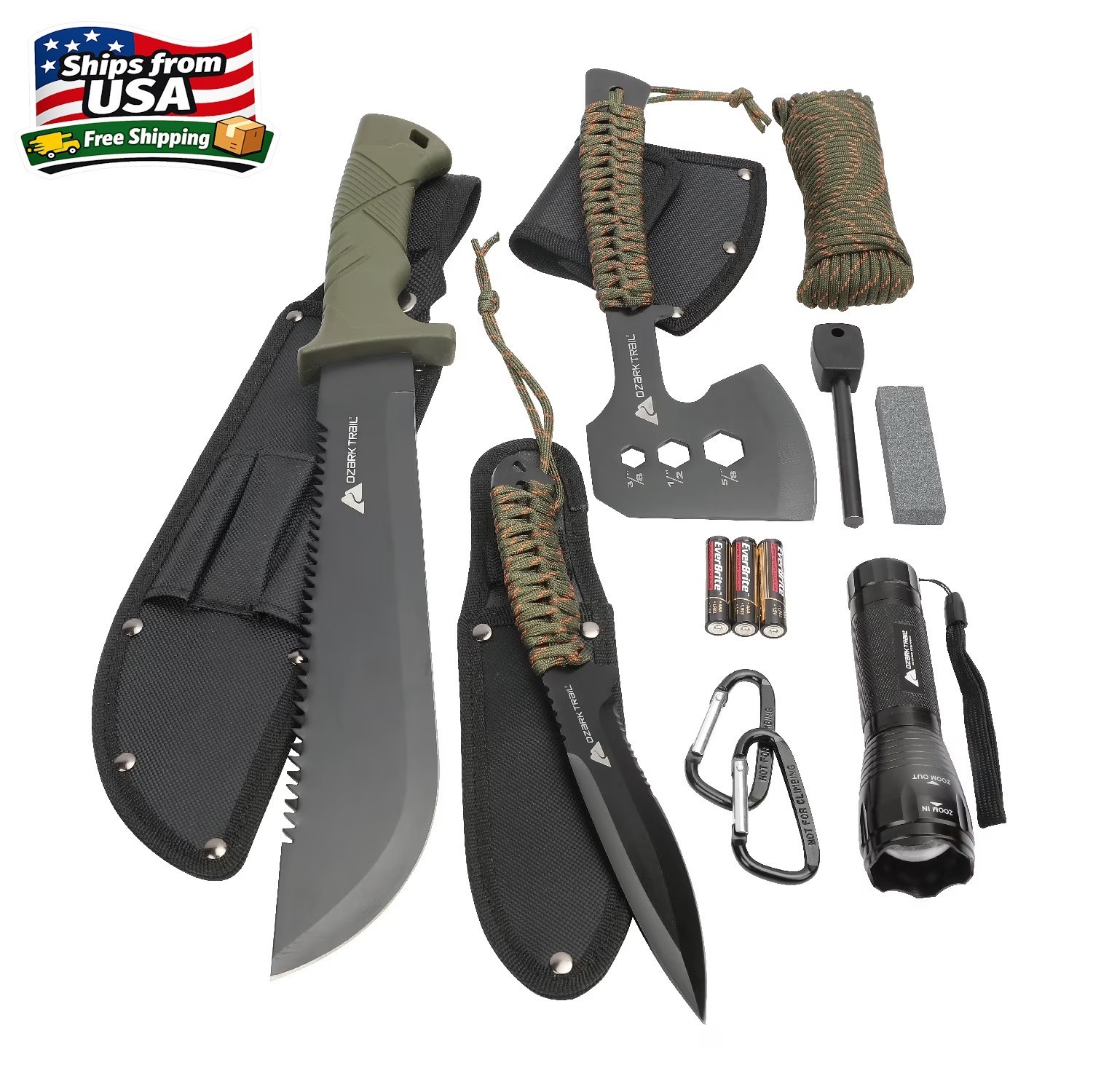 Ozark Trail 12-Piece Camping Multitool Set with Flashlight, Machete, and Knife