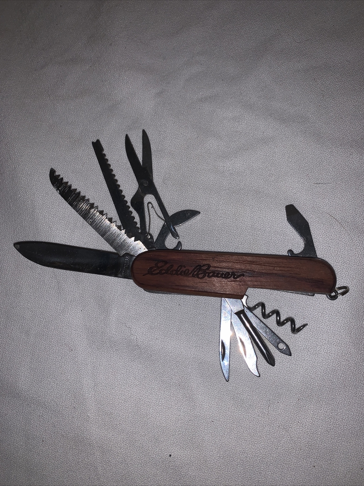 Eddie Bauer Pocket Knife Mulitool Wood Handle 11 Functions Stainless 2.5” Blade