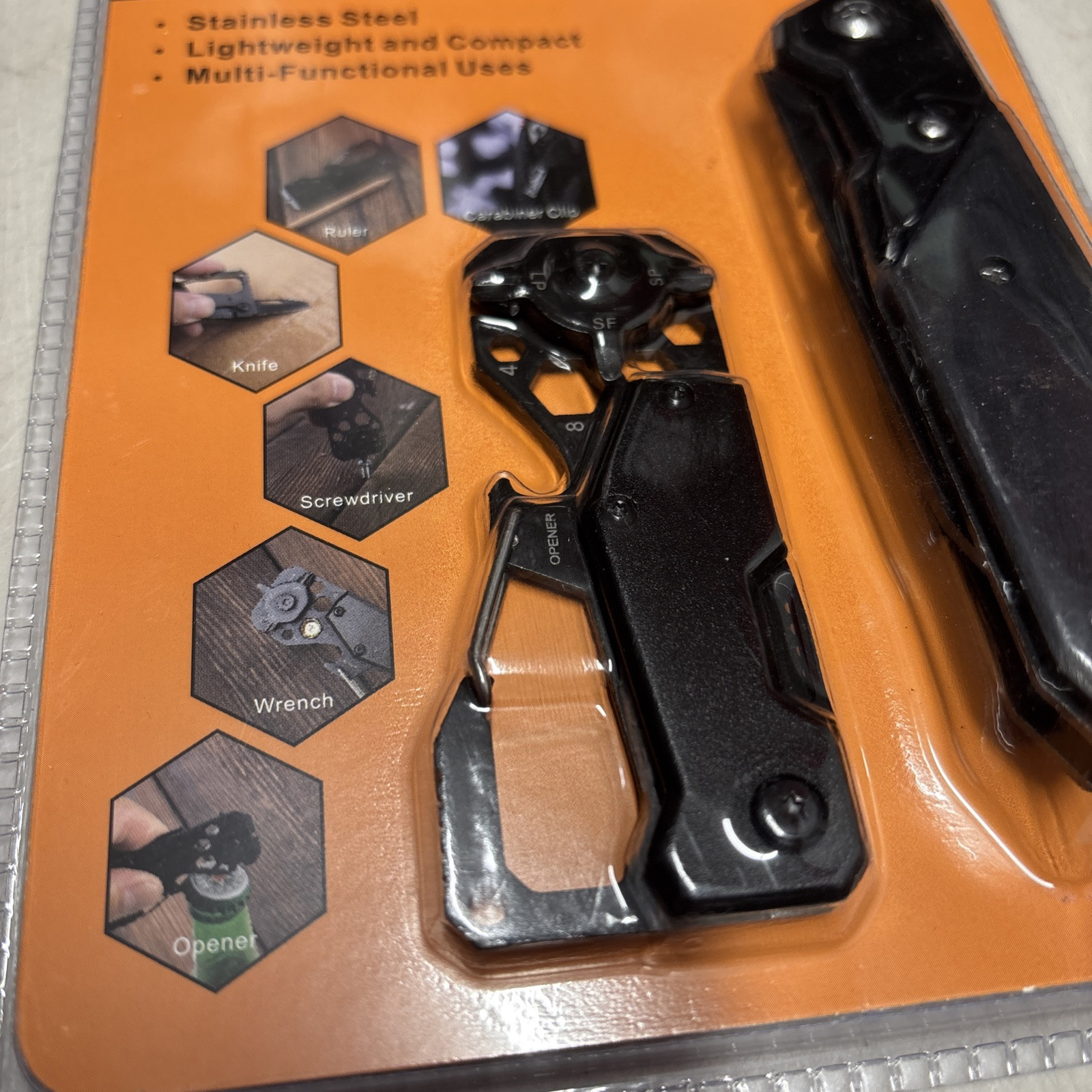 9-In-1 Pocket Knife And Multi-tool, Black, Unbranded, New In Package Carabiner