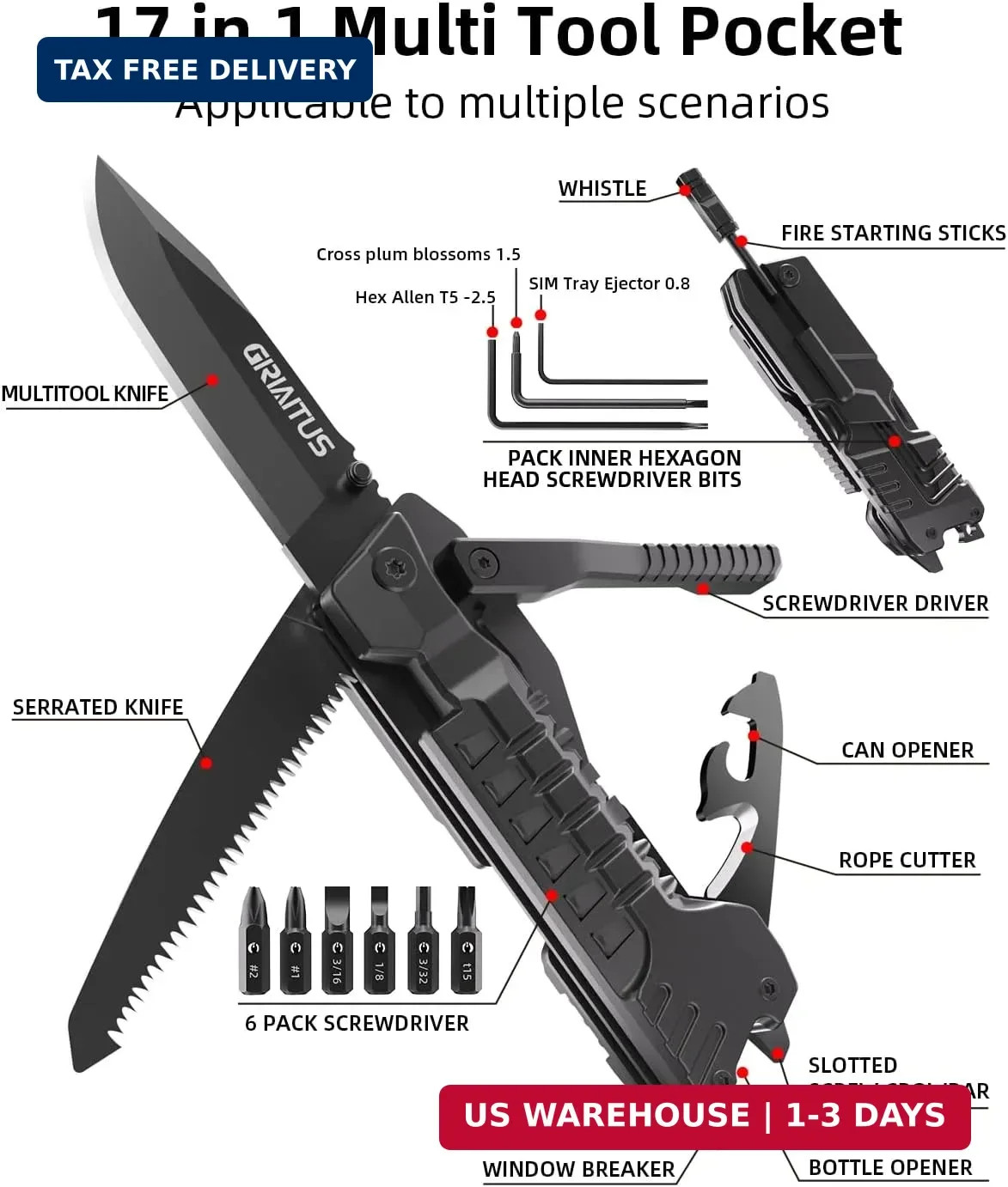 Multitool Knife 17 in 1Fire Starting Sticks, Bottle Opener, Saw Screwdrivers Bot