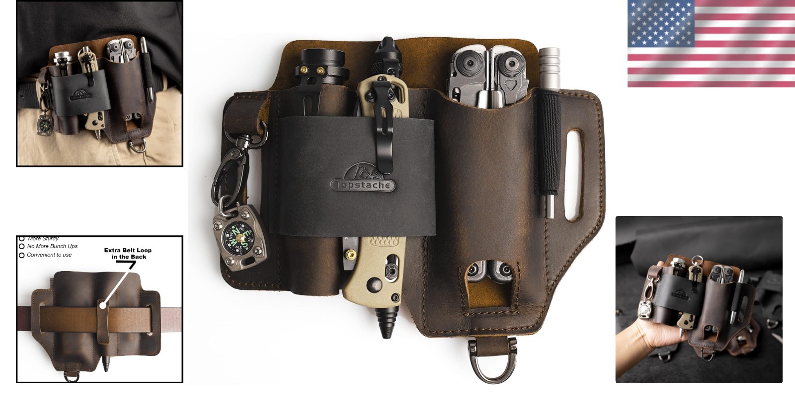 Leather Multitool Sheath – EDC Belt Organizer with 3 Pockets, Dark Brown