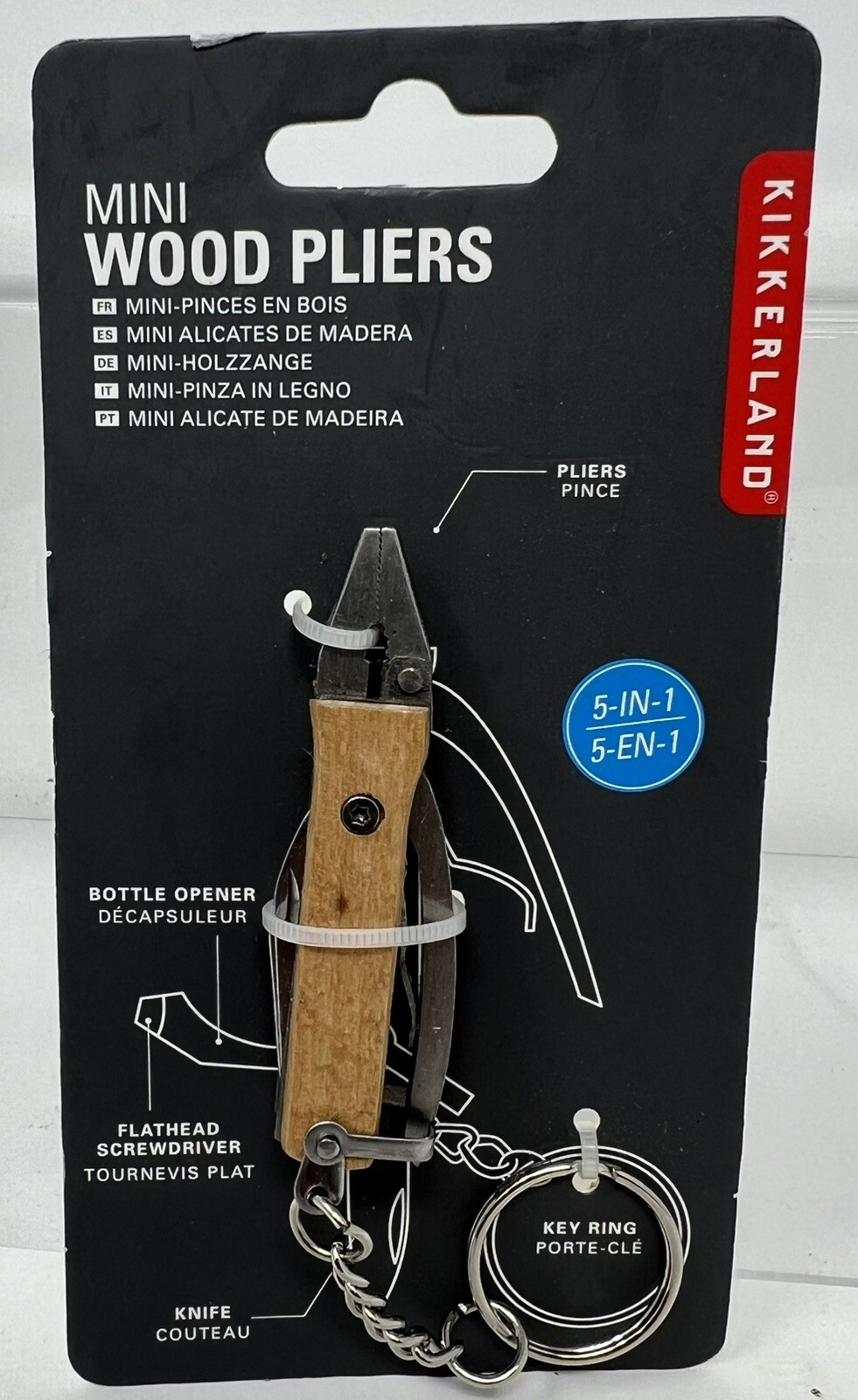 #KR16-W Kikkerland Pocket 5 in 1 Mini Wood/Steel Pliers Key Ring Multi Tool
