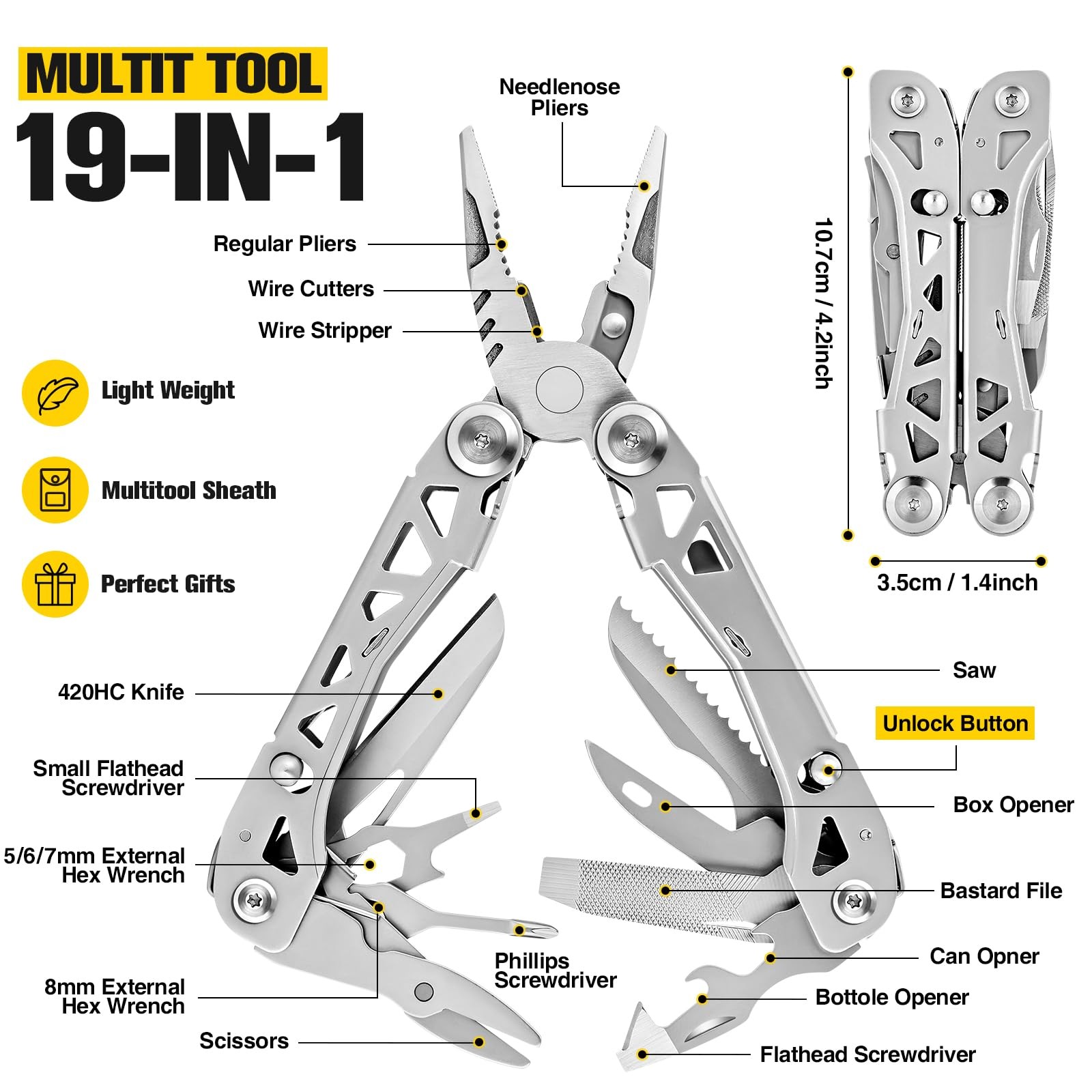 Lightweight Multitool,19-in-1 Multipurpose Plier,420HC Knife,Bottle Opener,Sa…