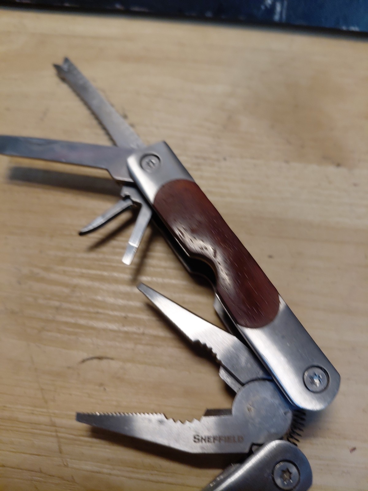 Sheffield 12-In-1 Multi Tool w/ Hardwood Handle Pliers Knife Blades Screwdrivers