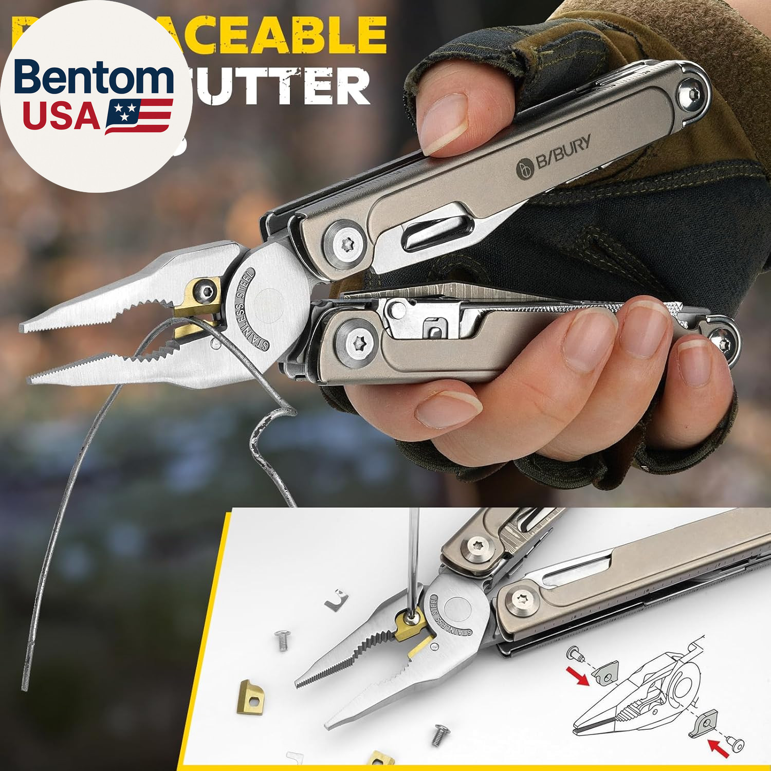 Titanium Alloy Multitool with Damascus Knife, EDC Multi Tools with Replaceable W