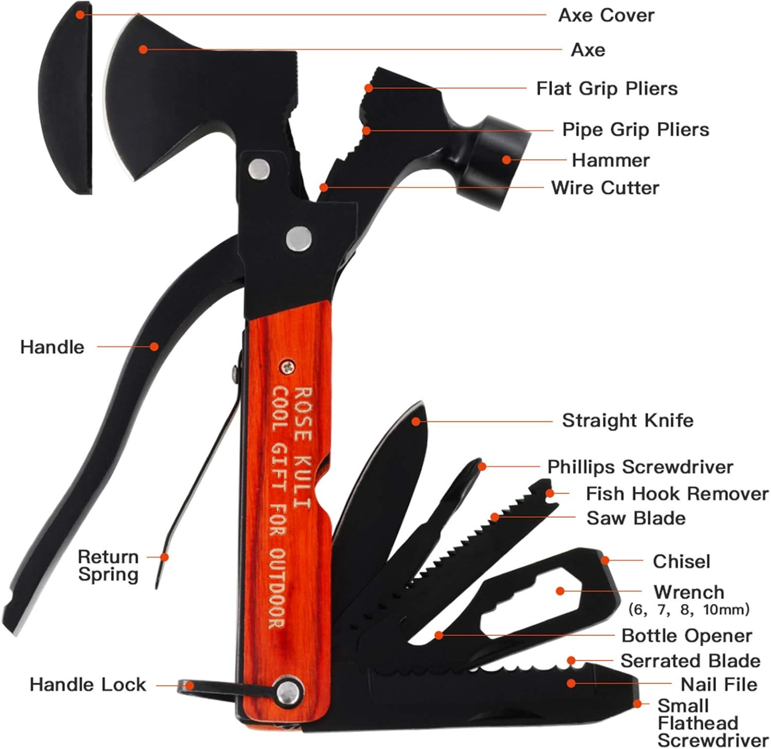 Camping Multitool Axe Hammer, 18 in 1 Multitool Hatchet Multitool Camping Tools