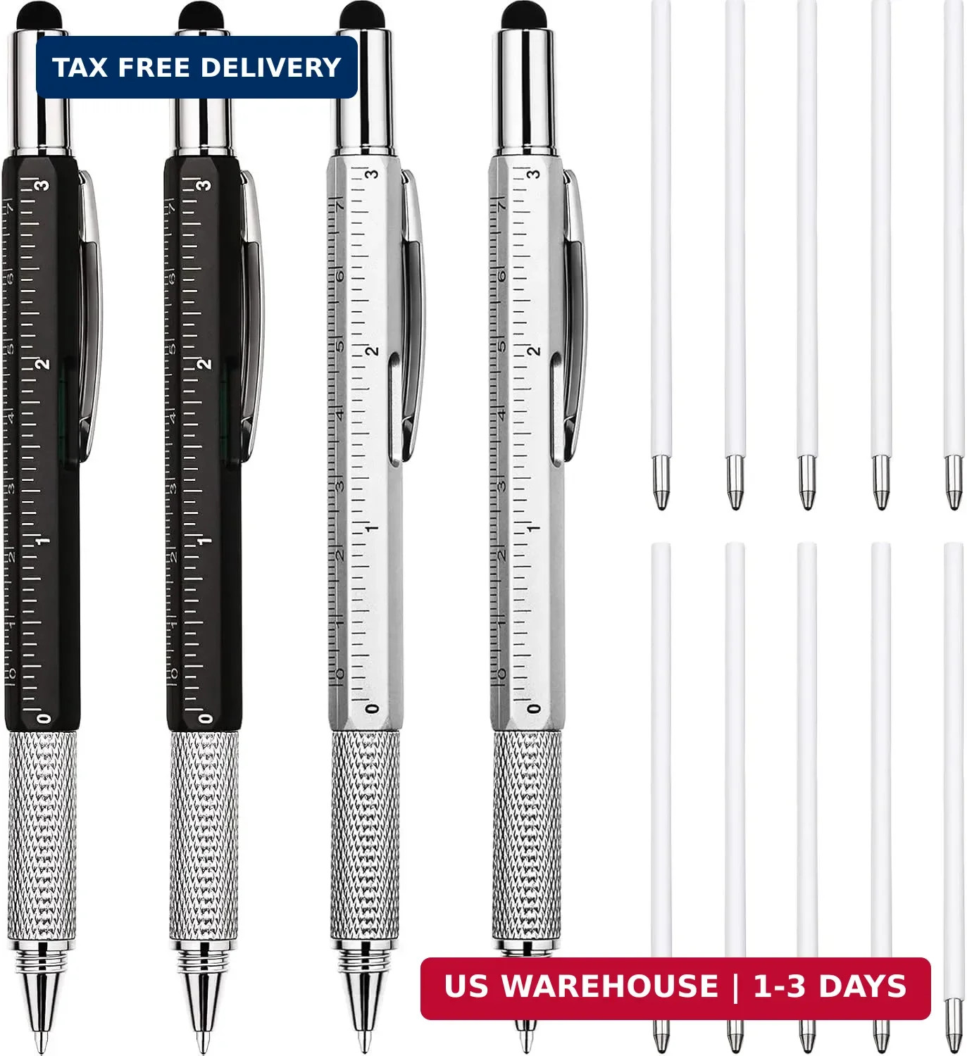 Zhanmai 4 Pcs Gift Pen for Men 6 in 1 Multitool Pen with Ruler Level Refills Scr