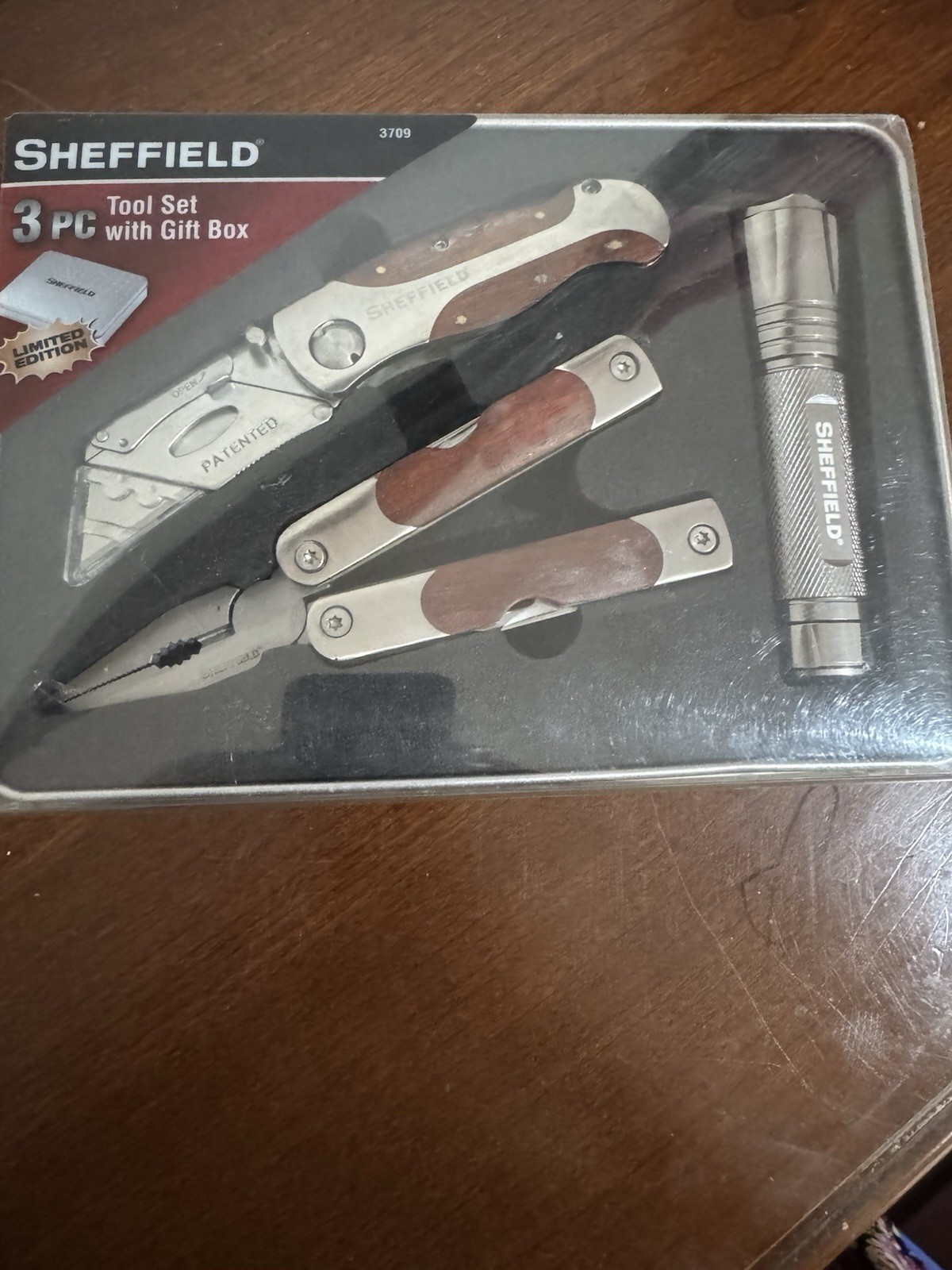 NEW Sheffield 3 Pc Tool Set With Tin Box Multi Tool Utility Knife Flashlight